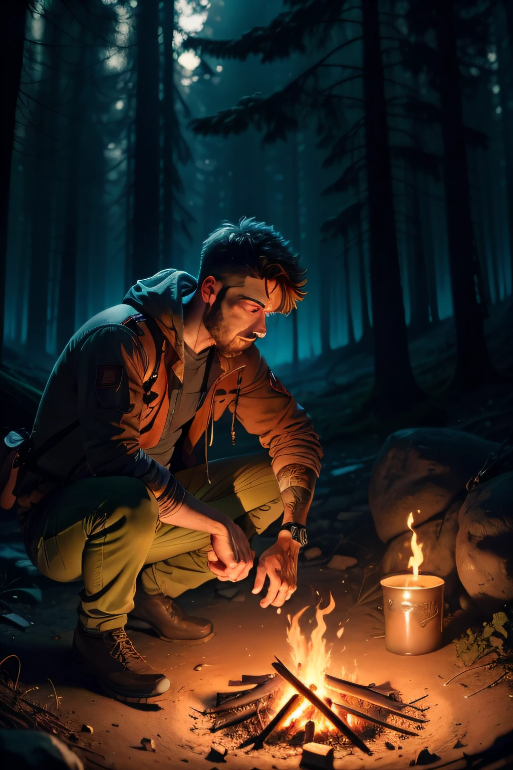 (Imagem detalhada) (4k), Um homem, com aproximadamente 20 anos, em uma floresta, em sentado, near a campfire, noite, fire from the bonfire illuminating the place that the home is, Create a scenario, Remember this man is in a post-apocalyptic zombie scenario;