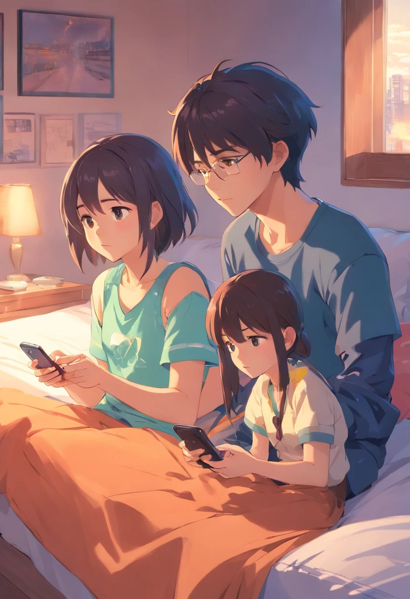 there is a young boy and girl sitting on a bed looking at a cell phone, checking her phone, looking at his phone, they are very serious, with a kid, children, checking her cell phone, alena aenami and lilia alvarado, online, hana alisa omer, very very low quality picture, playing, playing games, gaming