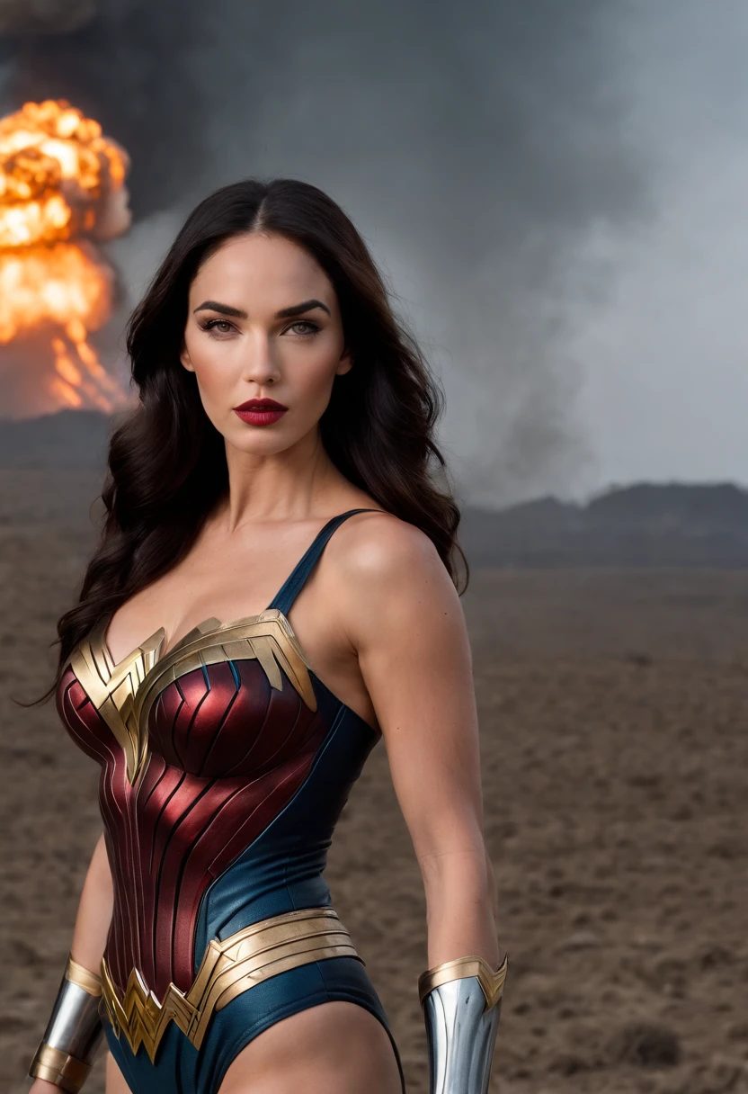a close up of a black hair woman with face of Megan Fox in a black wonder woman bodysuit, giant stunning goddess shot, athletic goddess, in a latex corset, looks at the nuclear explosion, huge boobs cup H