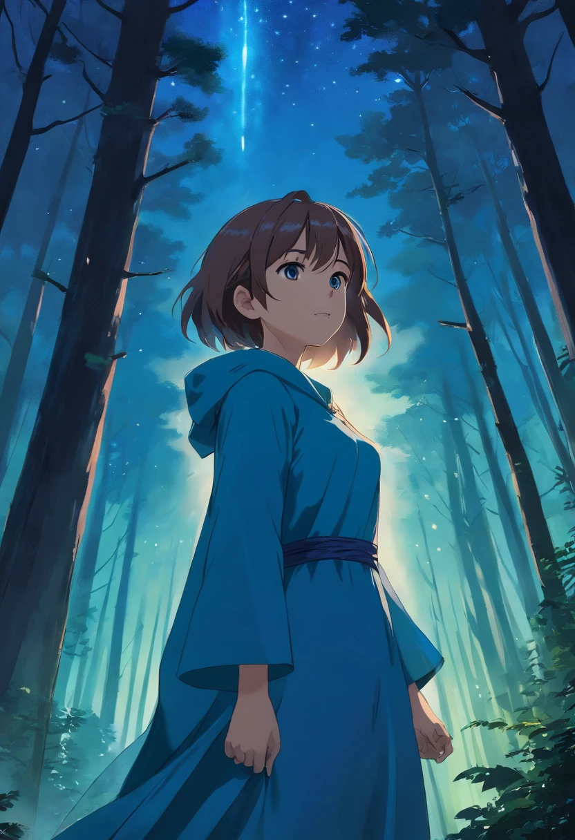 Masterpiece, Best quality, Marianne_timeskip, Blue dress, cloaks, Dark alpine forest, standing, Night, Looking up, Upper body, Detailed face