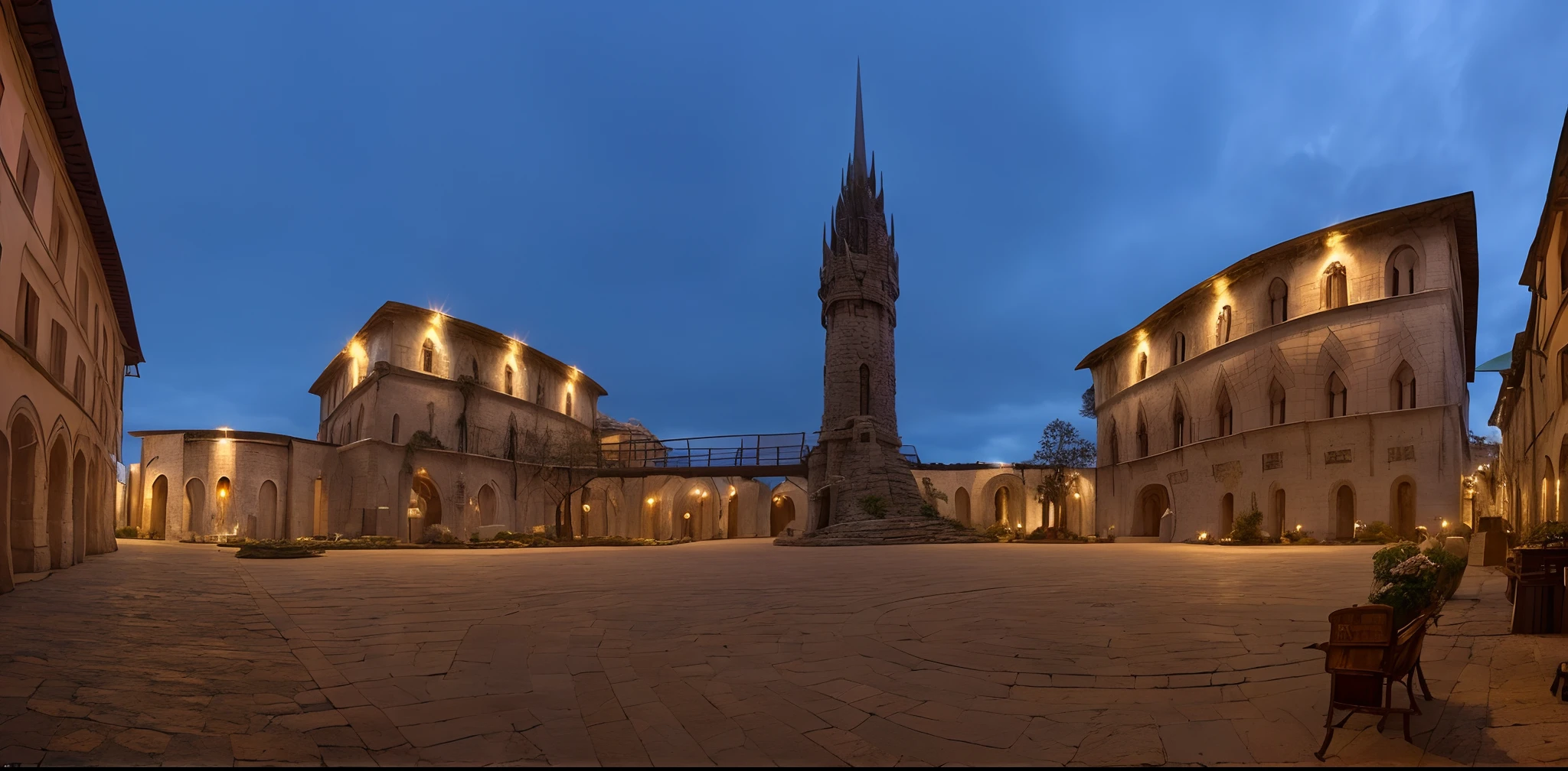 (masterpiece: 1.3), a photo of a city square lord of the rings style, hobbit, sauron, Tolkien, with a lot of plants, dramatic sky