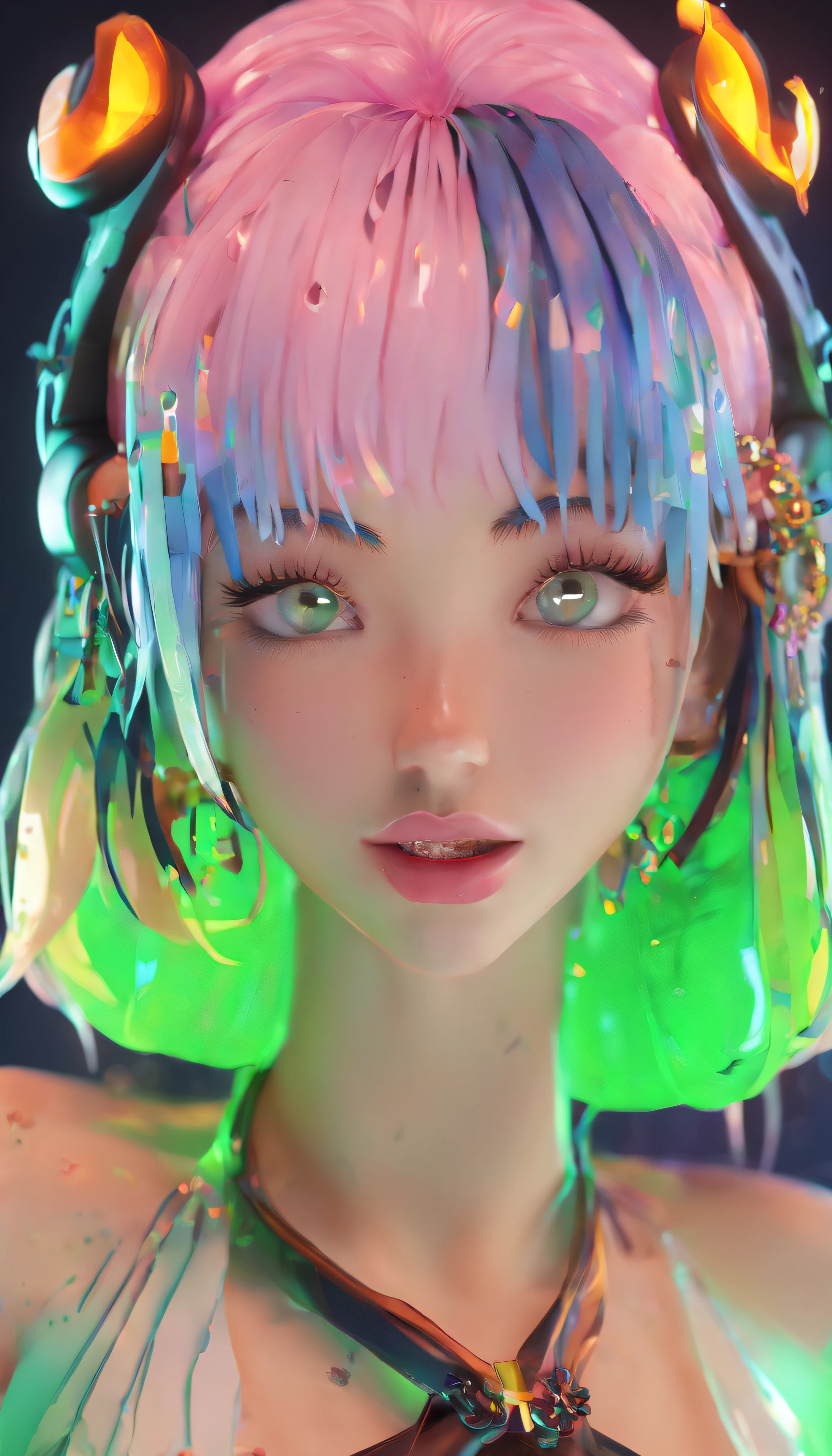 Niji Slime, kawaii, anime, flat colors, cel shaded, horror theme, halloween, flames, 1girl, looking at viewer, smile, short hair, jewelry, earrings, choker, necklace, makeup, black choker, piercing, lipstick, portrait, green lips, green theme, side lighting, neon lighting, rim lighting, specular highlights,