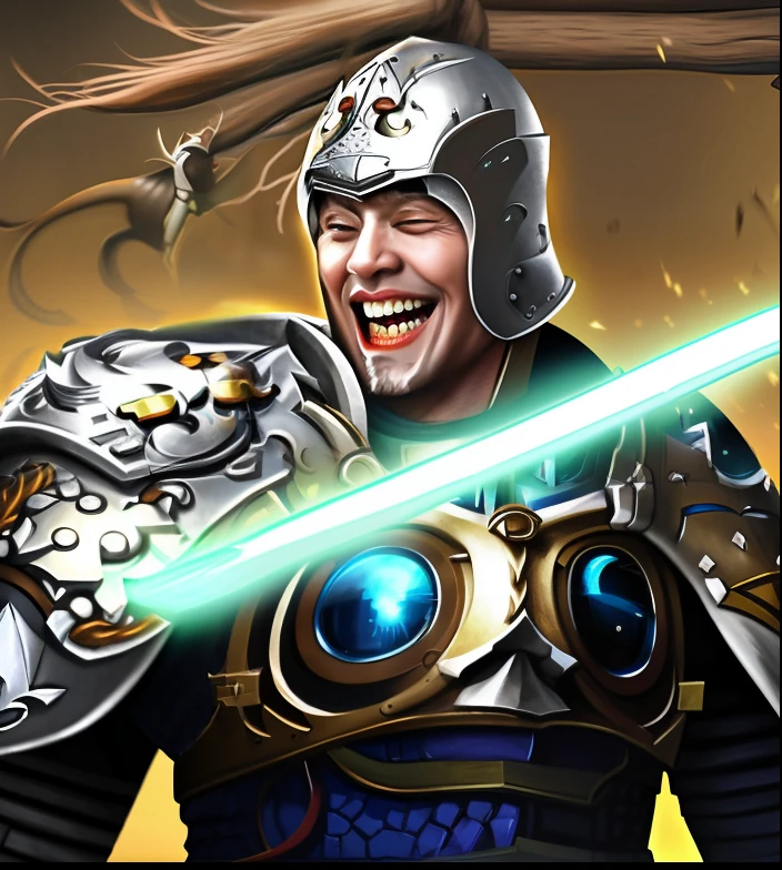 Laughing man in armor holding a sword