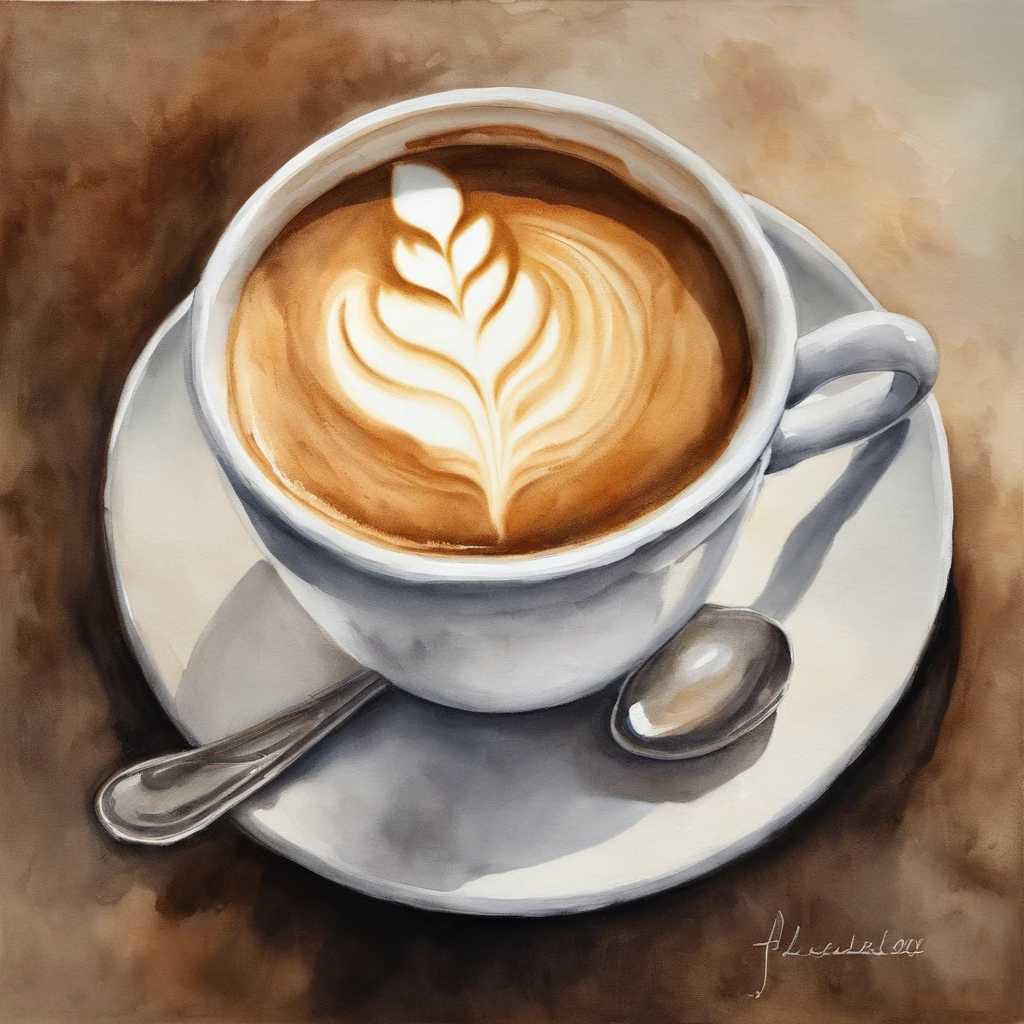 steamed milk into a cup of espresso, forming intricate patterns and designs, the scene bathed in soft cafe lighting, the anticipation of a perfectly crafted latte art, a cup