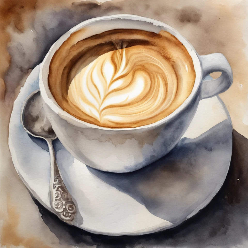 steamed milk into a cup of espresso, forming intricate patterns and designs, the scene bathed in soft cafe lighting, the anticipation of a perfectly crafted latte art, a cup