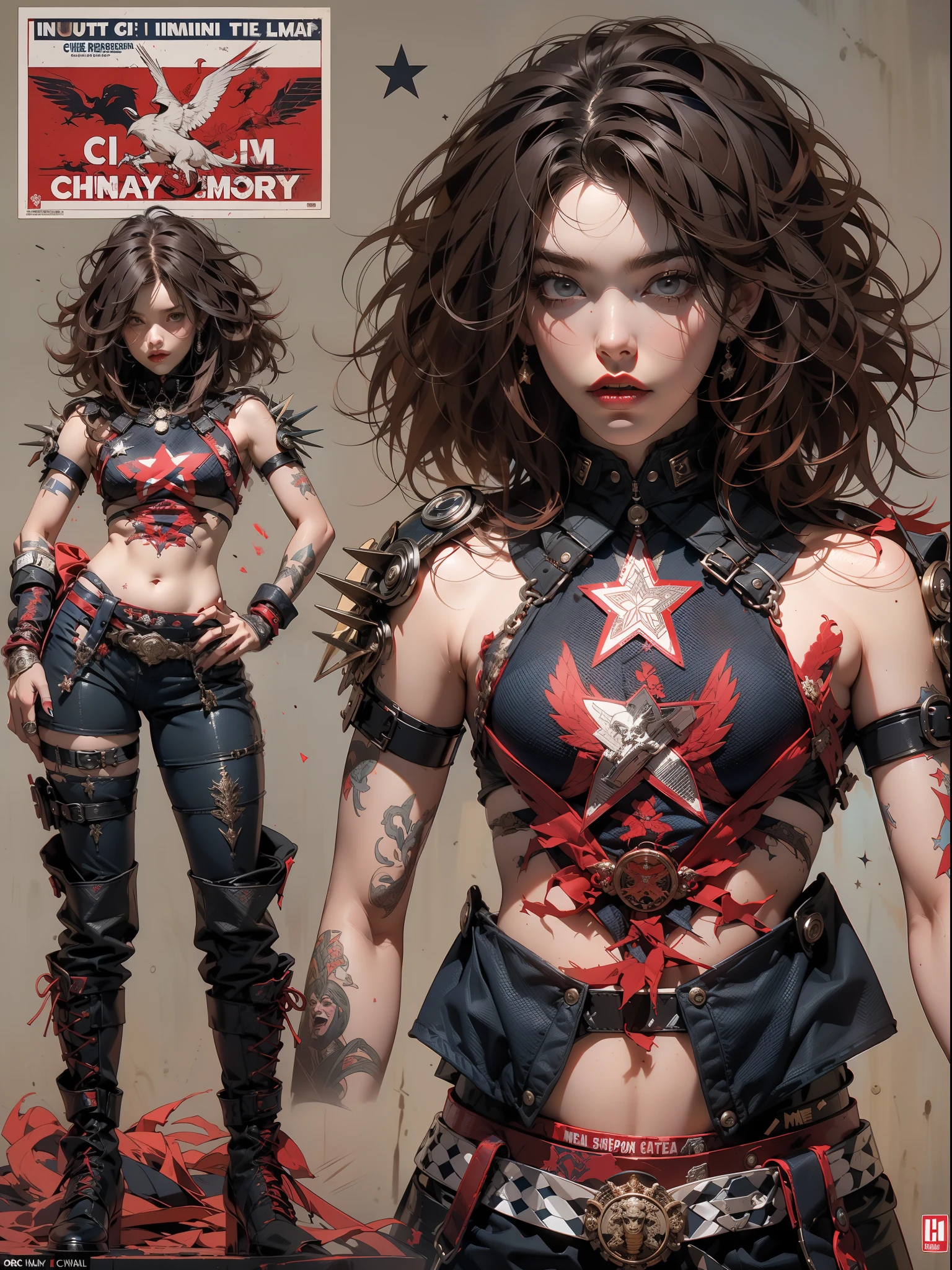 (((mulher))), (((melhor qualidade))), (((obra prima))), (((adulto))), (((1girl))), ((( corte de cabelo bob ))), Uma gladiadora cyberpunk mulher de 25 anos com corpo perfeito, shoulder pads with metal spines, Gladiadores do Brooklyn, (( corte de cabelo bob )), tiny leather panties, camiseta de time de rugby rasgada, quase nua no estilo selvagem urbano de Simon Bisley para a capa da revista Heavy Metal, Cabelo loiro curto, Minimum clothing, Metal protection on the left arm with intricate graphics, Dark red with white stars and white and navy blue checkerboard pattern, armadura, cheio de pontas e rebites, (((do joelho pra cima))), cabelos loiro branco curto, no fundo uma parede pintada por Shepard Fairey com um design intrincado