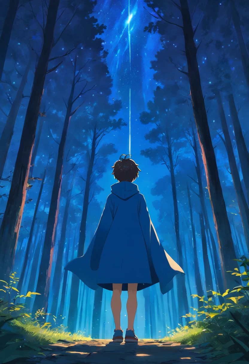 Masterpiece, Best quality, younge boy, Dressed in blue, cloaks, Dark alpine forest，starrysky,, Night, Looking up, Detailed face