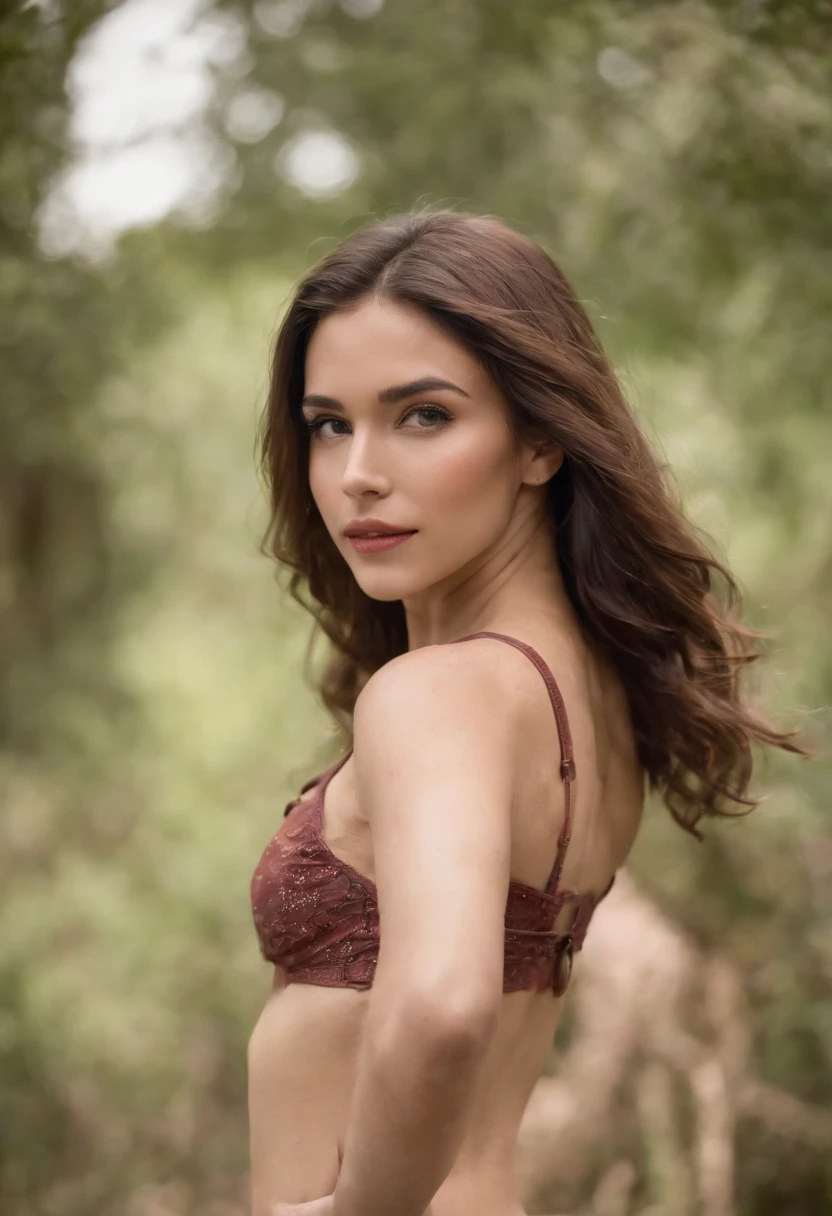 ((melhor qualidade)), ((obra de arte)), (detalhado), (((Uma mulher sexy))). As the camera pans through the enchanted forest, the magical bokeh of the lights creates a dreamlike atmosphere. No centro da floresta, is a 45 year old MILF goddess, de corpo definido, seios grandes e redondos. her hair is black, your mouth is big with full lips, Your eyes are blue. She is wearing a low-cut dress, drawing attention to her large breasts., adding a touch of mystery to its already intriguing presence. its intricate details adding to the overall cinematic feel of the scene.