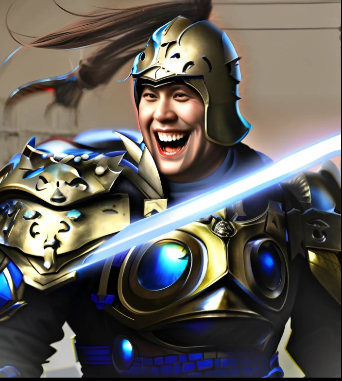 Laughing man in armor holding a sword