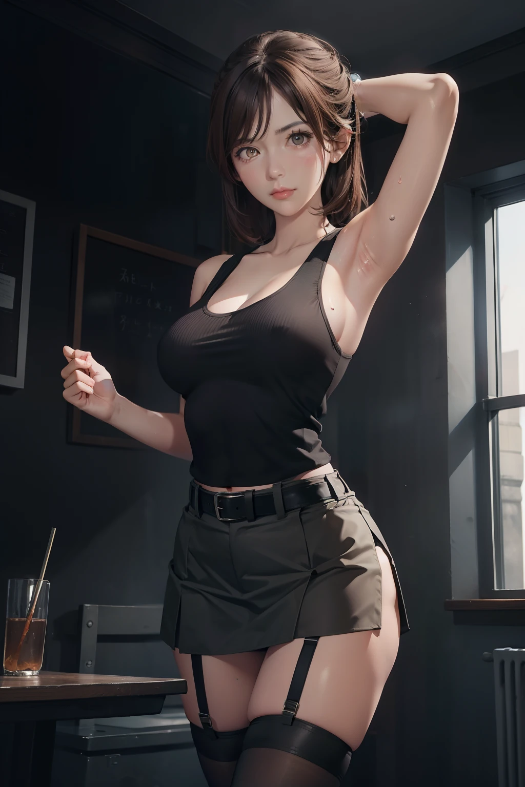 Black skirt, suspenders, Brown hair Gray eyes, Garter belt on the legs, Tight clothes, a belt Armpit sweat deadpan Moderate breasts tank top