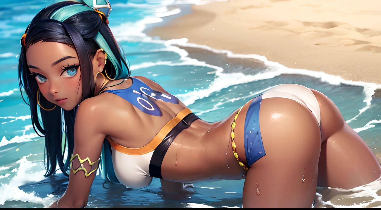 (masterpiece, best quality:1.2), solo, 1girl, nessa, dark skin, dark-skinned female, slight smile, blush, sultry expression, stood, perfect ass, thick thighs, wet body, dripping sweat, :0, looking at viewer, single hair bun, swimsuit, bikini, jewelry, gloves, necklace, earrings, belly chain, armlet, midriff, beach