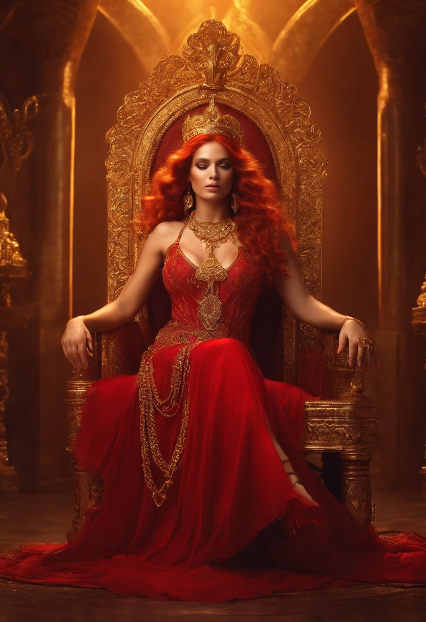 Goddess with fiery hair, in a red dress, Tied up hand and foot, Use golden chains to the magical golden throne