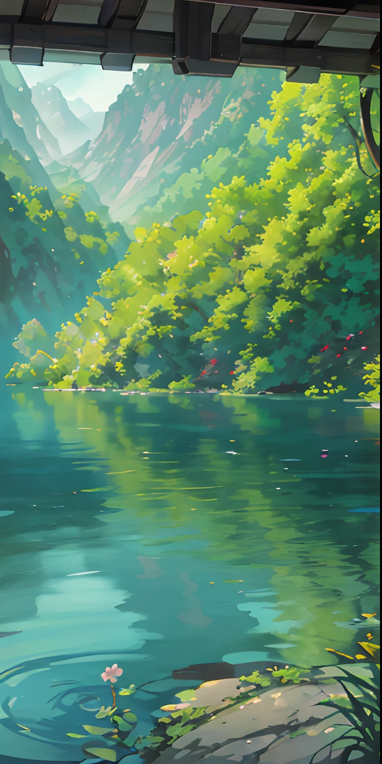Chinese ancient times, spring, jungle, lake, cave, waterfall, tree, meadow, rock, deer, hot spring, water vapor, (illustration: 1.0), epic composition, realistic lighting, HD details, masterpiece, best quality, (very detailed CG unified 8k wallpaper)
