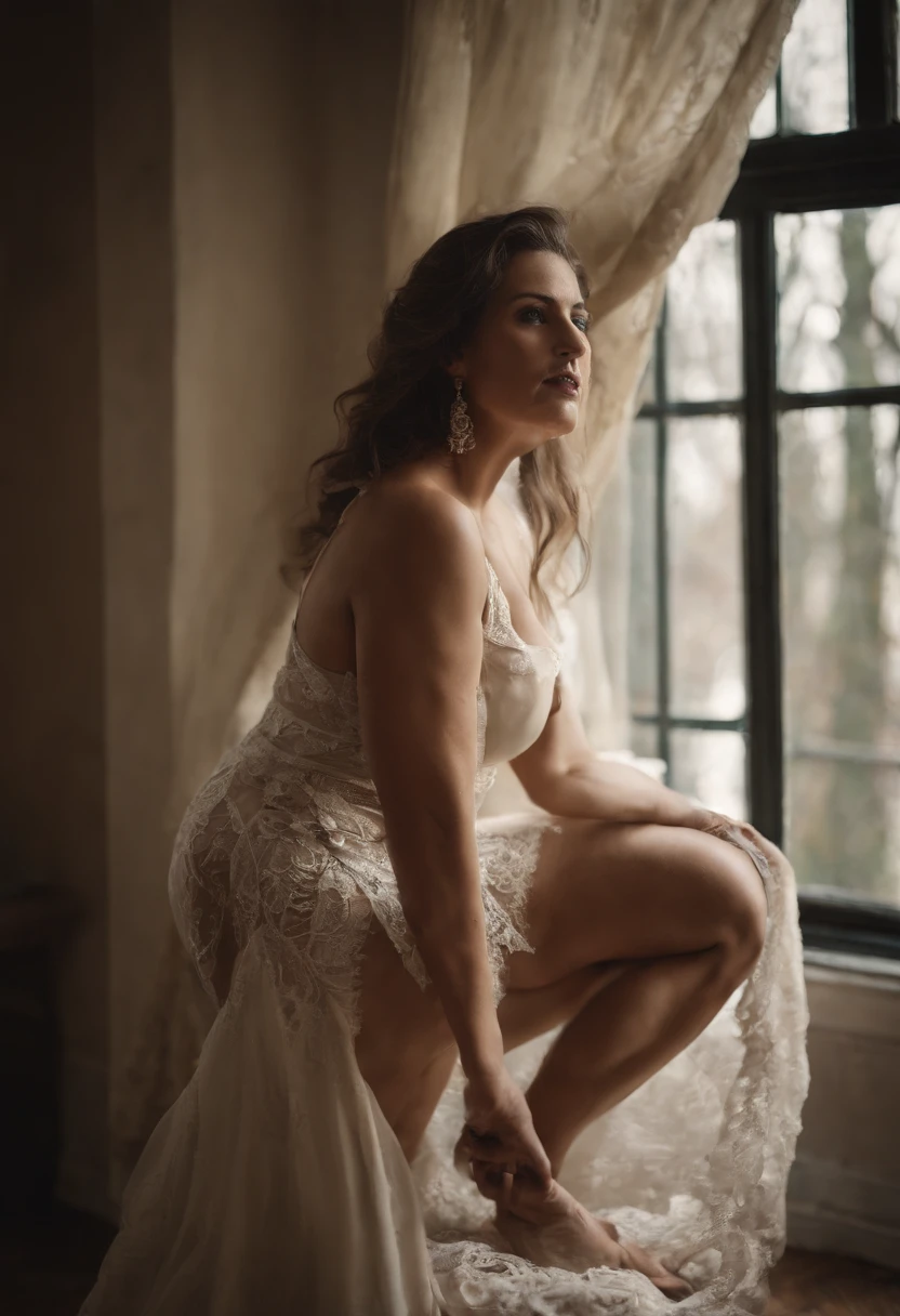 Photo of an old mature woman in her bra big breasts, in French style bedroom next to large window, warm atmosphere showing ass, lace panties, sexy, seductive look, bending over, flirtatious look, touching her own ass,