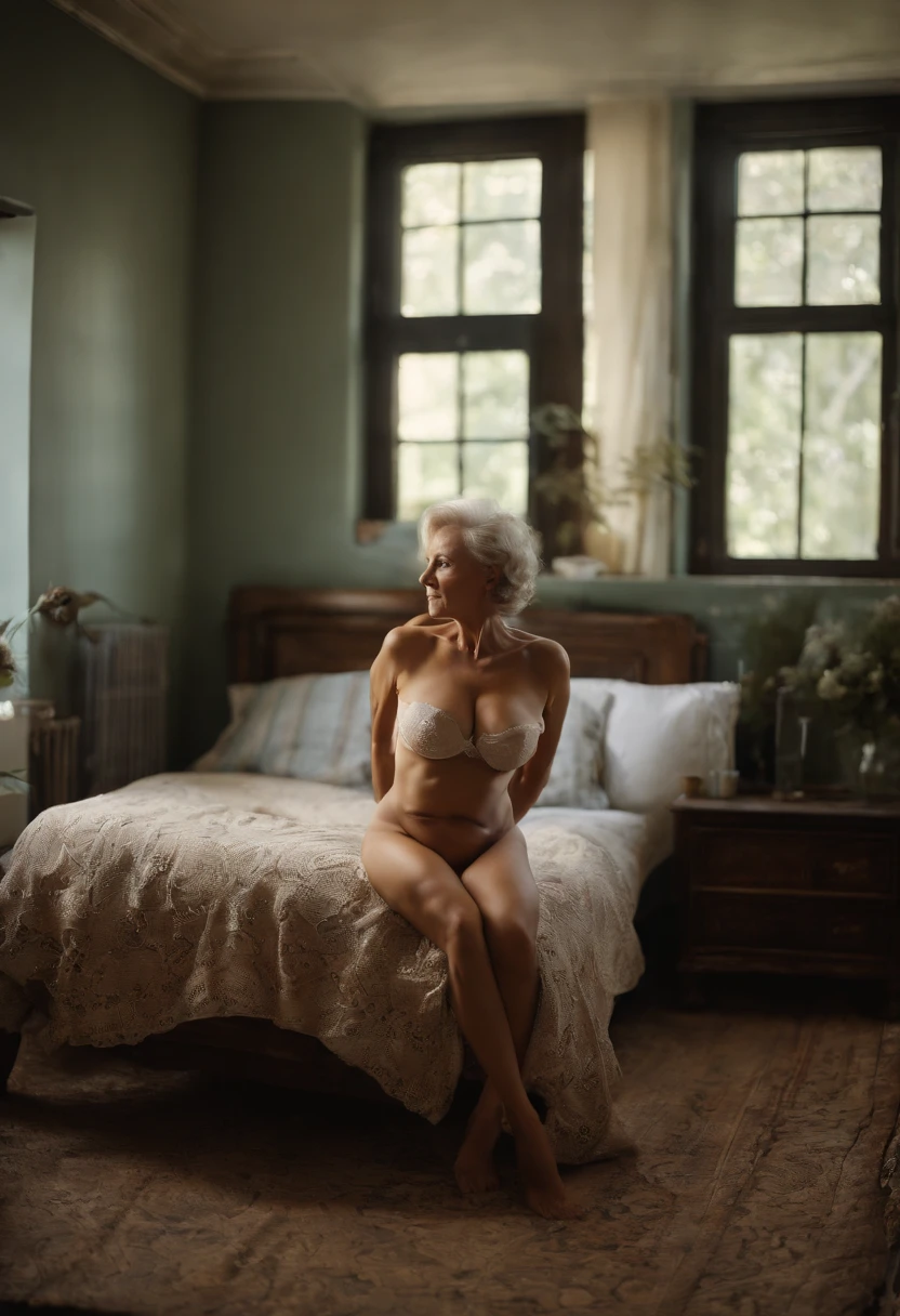 Photo of an old mature woman in her bra big breasts, in French style bedroom next to large window, warm atmosphere showing ass, lace panties, sexy, seductive look, bending over, flirtatious look, touching her own ass,