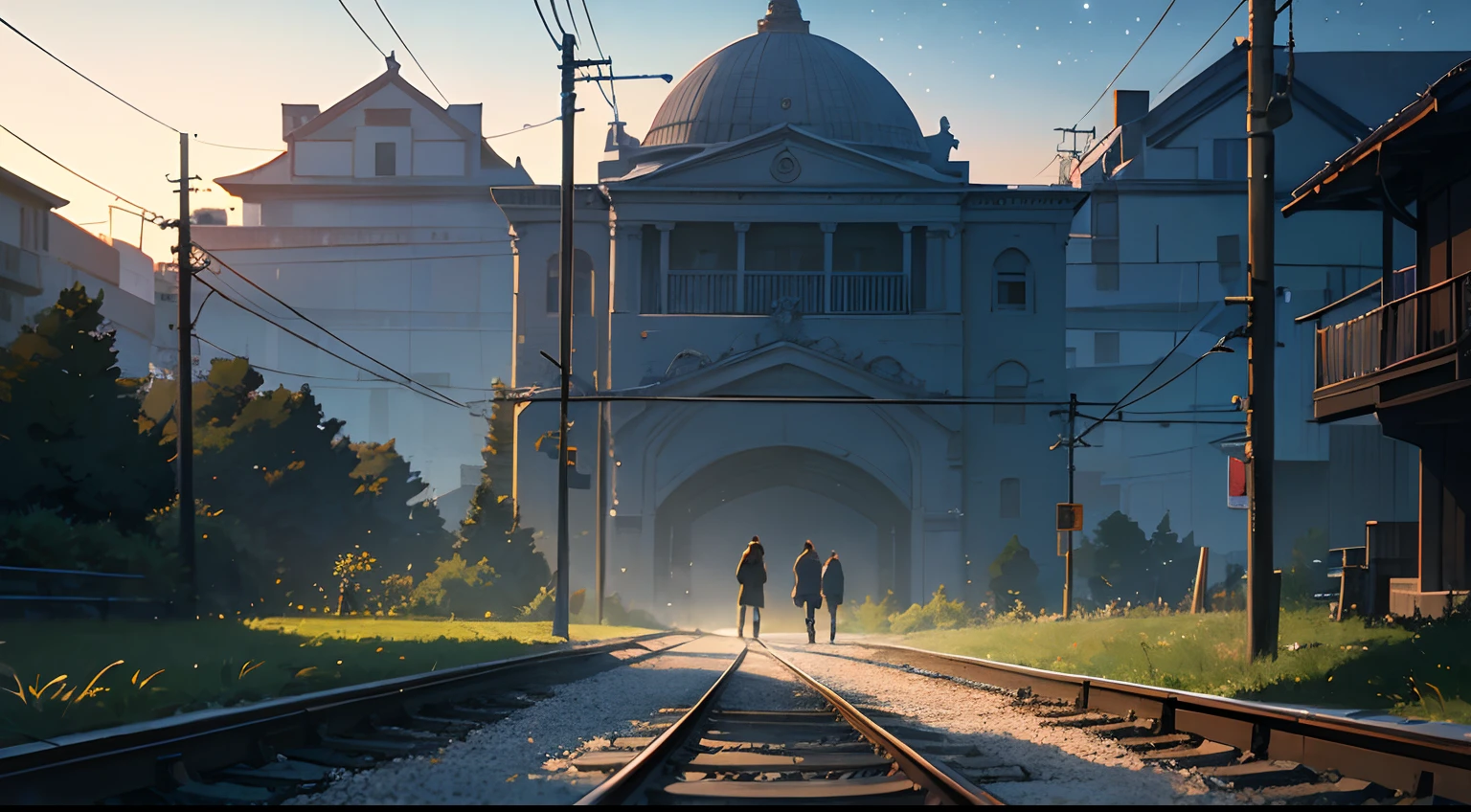 High quality masterpiece ,scenecy,Anime train passing through bodies of water on tracks, Glittering starry sky。Romantic train,Pisif,concept-art,Lofi art style,Reflectors。 By Makoto Shinkai, Lofi art, beautiful anime scenes, Anime landscapes, Detailed scenery —width 672, in the style of makoto shinkai, Makoto Shinkai's style,Detail enhancement