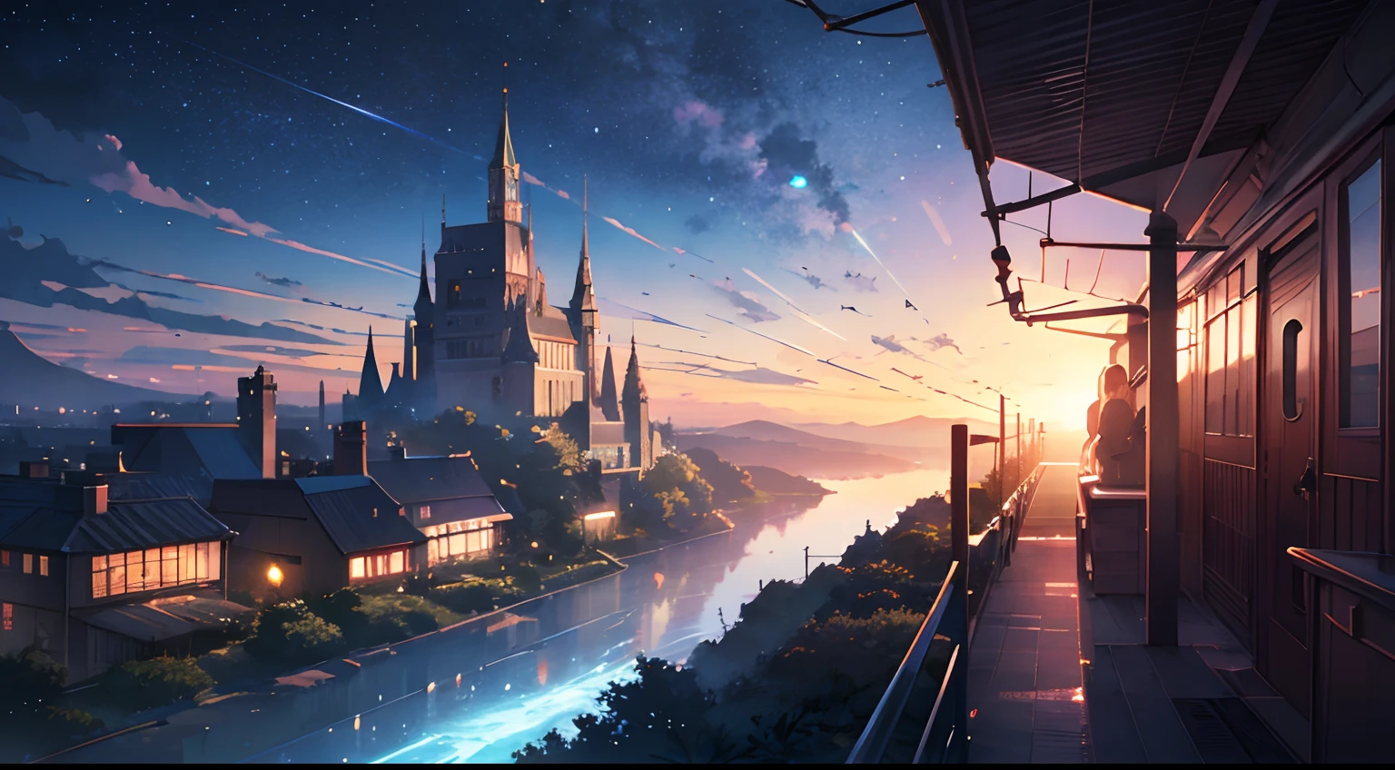 High quality masterpiece ,scenecy,Anime train passing through bodies of water on tracks, Glittering starry sky。Romantic train,Pisif,concept-art,Lofi art style,Reflectors。 By Makoto Shinkai, Lofi art, beautiful anime scenes, Anime landscapes, Detailed scenery —width 672, in the style of makoto shinkai, Makoto Shinkai's style,Detail enhancement