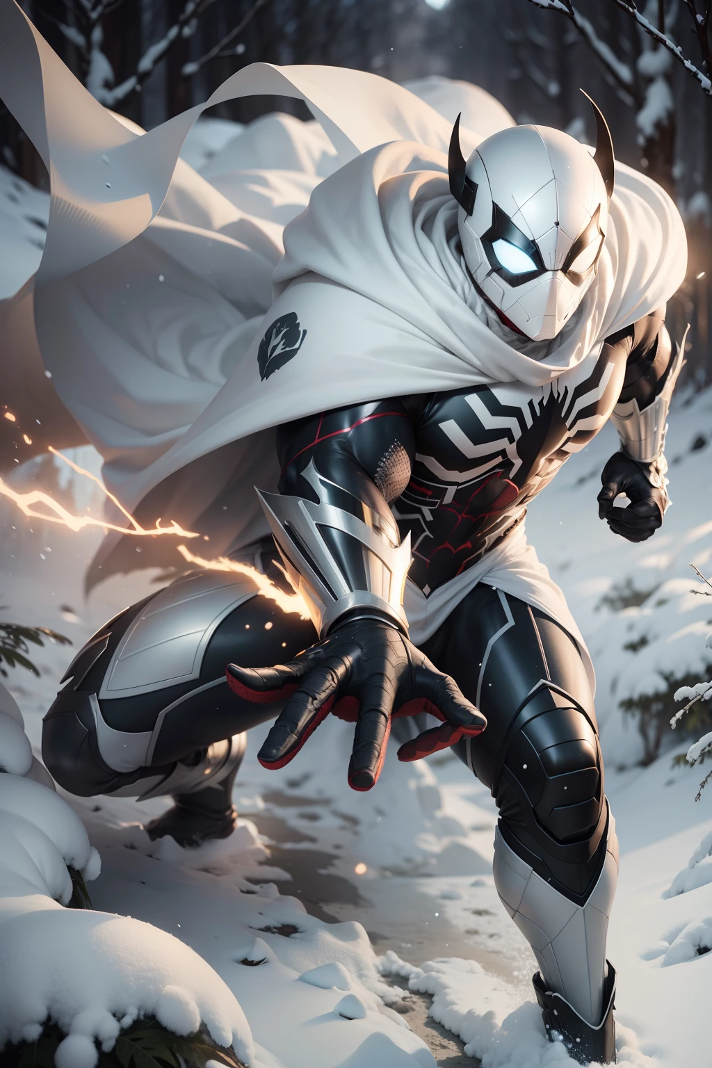 Homem-aranha de corpo inteiro em um branco, terno de armadura dourado e vermelho, em uma floresta de neve branca, neve caindo sobre a armadura, O pecado brilha sobre o traje de armadura, hyper realistic, fotorrealista, 8k, uma foto premiada