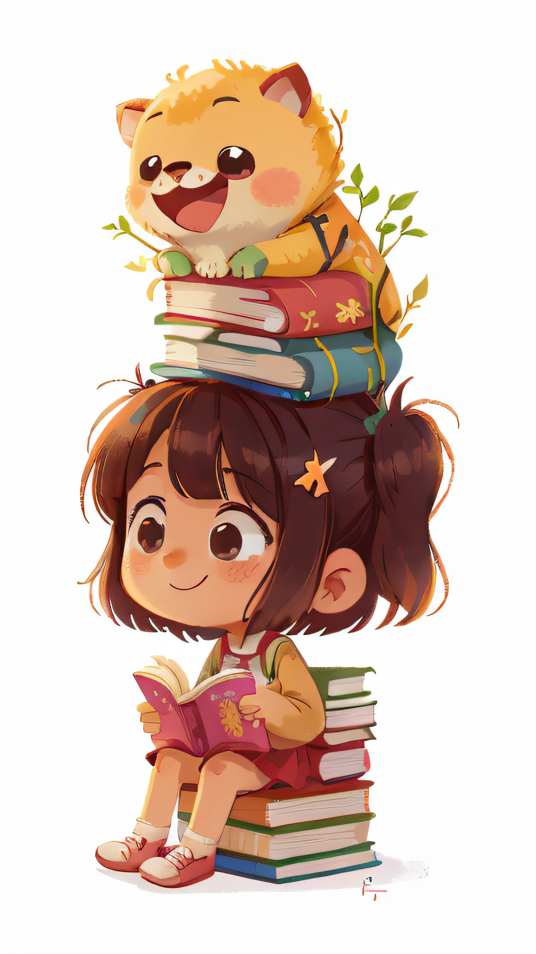 4 year old girl, sitting on a stack of books, white background, smile