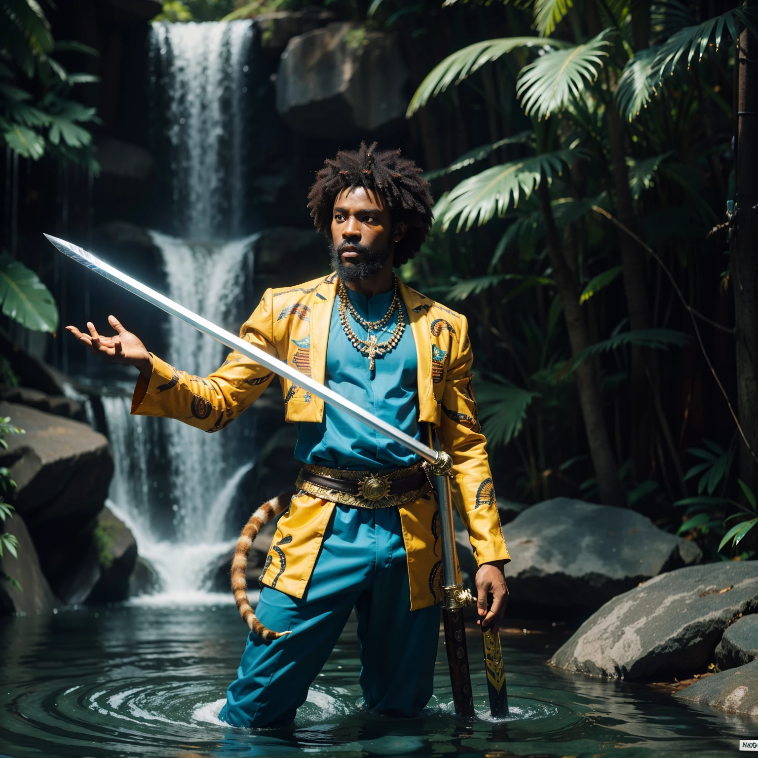 afrofuturism, orisha, A black short and Muscle black man, african god of hunt wearing a turquoise and yellow hunter suit, holding a sword and spear, waterfall background, tiger and fishes, a river, orisha, afrofuturism, ultra quality, short man, 8K, african necklaces, seashells clothes