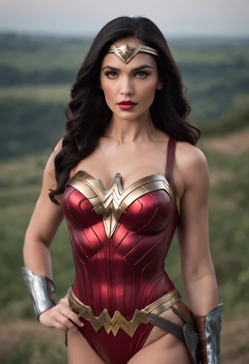 a close up of a black hair woman with face of goddess in a red wonder woman bodysuit, giant stunning fullbody shot, athletic goddess with muscles in a latex corset, big huge boobs