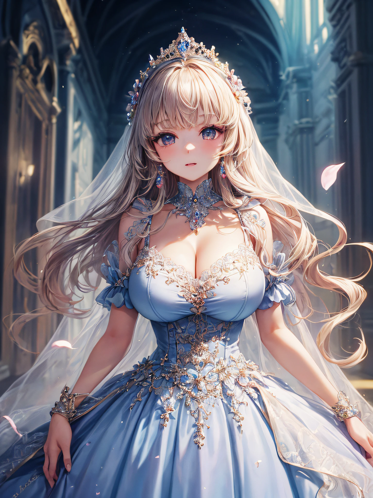 (masterpiece, best quality,extremely detailed,moe anime art style:1.2),1girl, (solo), cute, kawaii,digital art,((1 bling-bling anime princess wearing beautiful embroidery and jeweled extremely gorgeous princess ballgown with voluminous full length hoop skirt)),((crinoline)),long train,voluminous frills,(gorgeous embroidery and beautiful lace),(very gigantic boobs,cleavage,skindentation),((shiny hair,absurdly voluminous straight iong hair)),((finely detailed face and eyes)),clear pupil,extremely gorgeousfull hair ornament,(bling-bling jeweled extremely gorgeousfull tiara),((bling-bling gorgeous gemstone jewelry)),long veil,((beautiful luxury palace)),beautiful background,flowers,flower petals flowing,((looking away)),((beautiful embroidery and jeweled extremely gorgeous princess ballgown with voluminous full length hoop skirt))