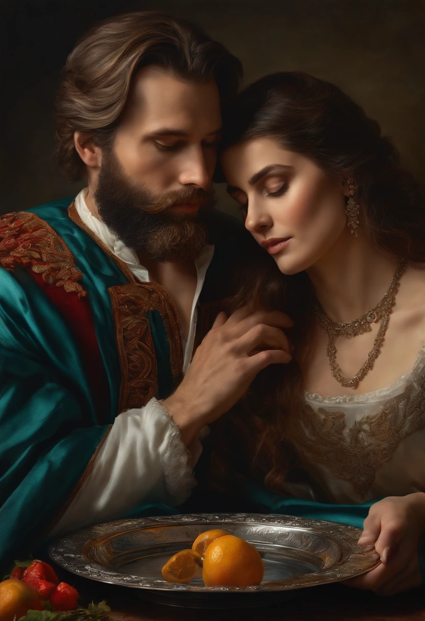 Ultrarealistic 8k painting of a man with a beard and a woman with a plate holding her head on a silver platter