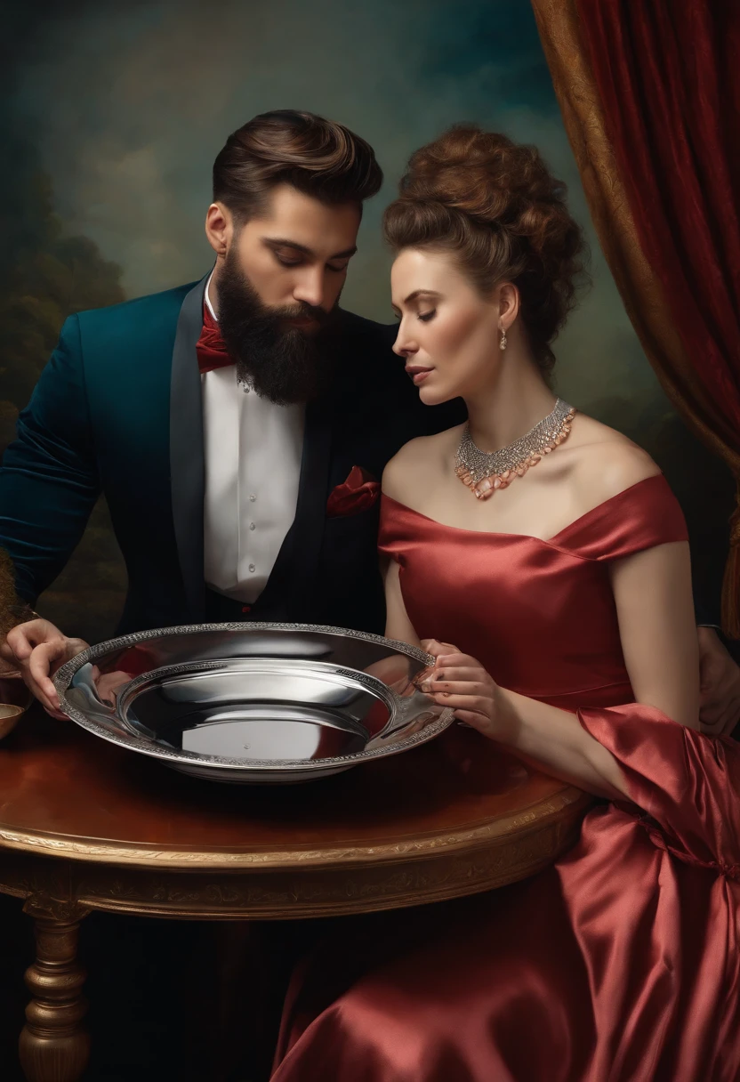 Ultrarealistic 8k painting of a man with a beard and a woman with a plate holding her head on a silver platter