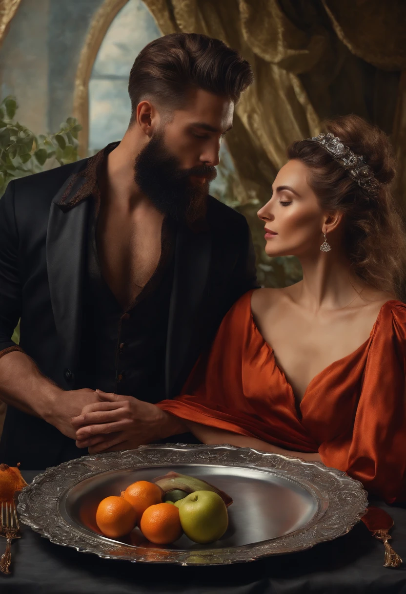 Ultrarealistic 8k painting of a man with a beard and a woman with a plate holding her head on a silver platter