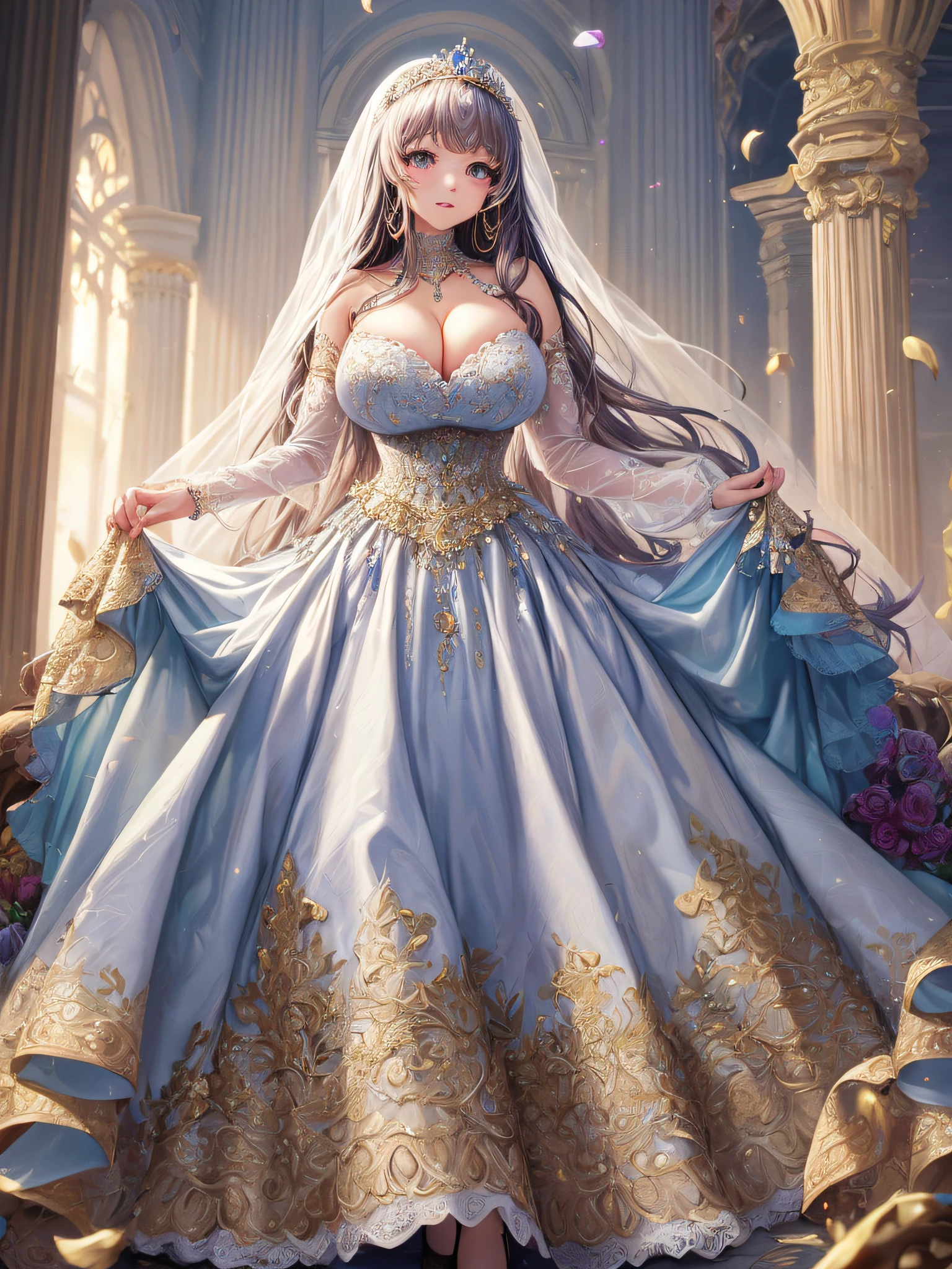 (masterpiece, best quality,extremely detailed,moe anime art style:1.2),1girl, (solo), cute, kawaii,digital art,((1 bling-bling anime princess wearing beautiful embroidery and jeweled extremely gorgeous princess ballgown with voluminous full length hoop skirt)),((crinoline)),long train,voluminous frills,(gorgeous embroidery and beautiful lace),(very gigantic boobs,cleavage,skindentation),((shiny hair,absurdly voluminous straight iong hair)),((finely detailed face and eyes)),clear pupil,extremely gorgeousfull hair ornament,(bling-bling jeweled extremely gorgeousfull tiara),((bling-bling gorgeous gemstone jewelry)),long veil,((beautiful luxury palace)),beautiful background,flowers,flower petals flowing,((looking away)),((beautiful embroidery and jeweled extremely gorgeous princess ballgown with voluminous full length hoop skirt))