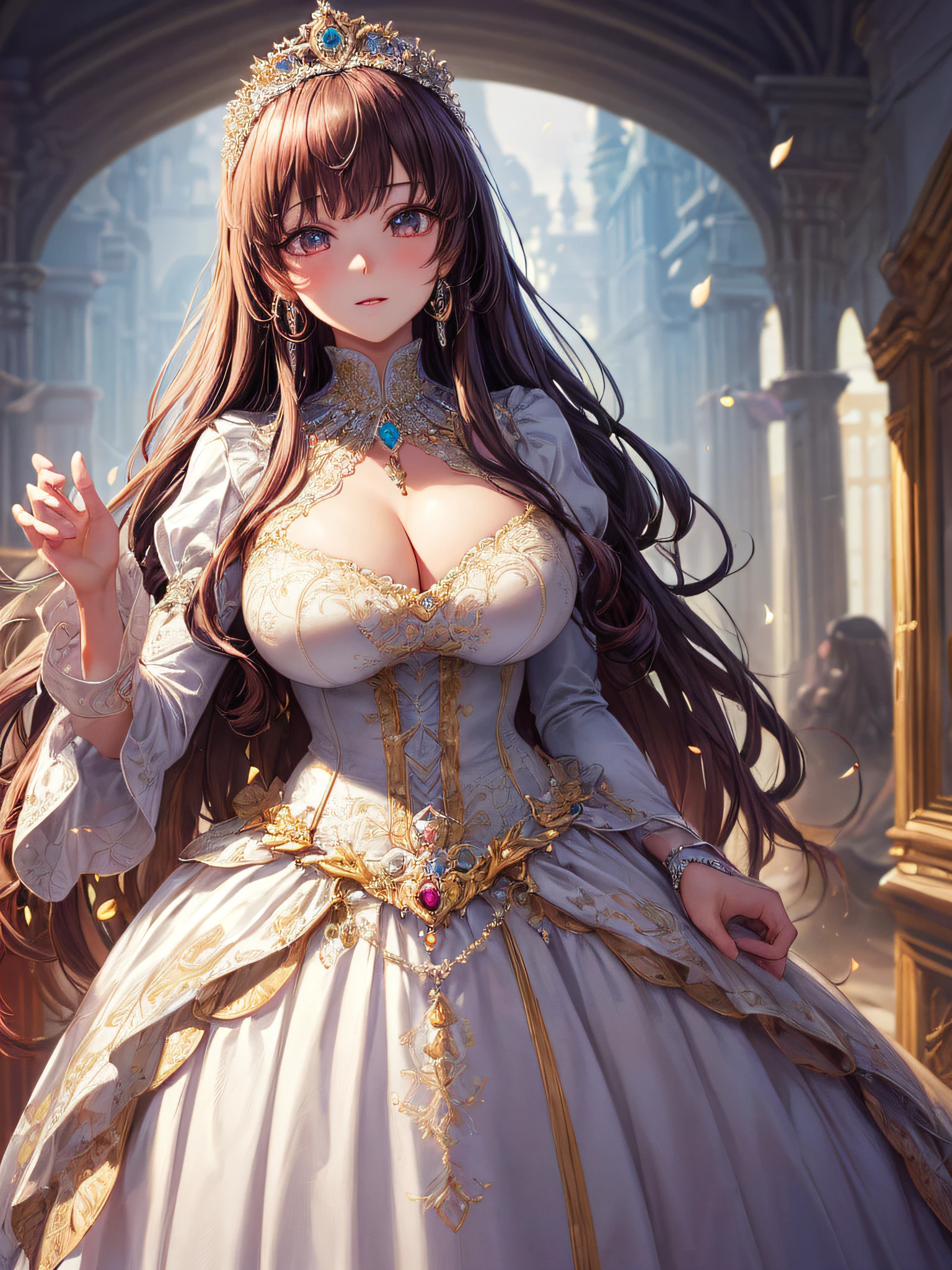 (masterpiece, best quality,extremely detailed,moe anime art style:1.2),1girl, (solo), cute, kawaii,digital art,((1 bling-bling anime princess wearing beautiful embroidery and jeweled extremely gorgeous princess ballgown with voluminous full length hoop skirt)),((crinoline)),long train,voluminous frills,(gorgeous embroidery and beautiful lace),(very gigantic boobs,cleavage,skindentation),((shiny hair,absurdly voluminous straight iong hair)),((finely detailed face and eyes)),clear pupil,extremely gorgeousfull hair ornament,(bling-bling  jeweled extremely gorgeousfull tiara),((bling-bling gorgeous gemstone jewelry)),long veil,((beautiful luxury palace)),beautiful background,flowers,flower petals flowing,((looking away)),((beautiful embroidery and jeweled extremely gorgeous princess ballgown with voluminous full length hoop skirt))