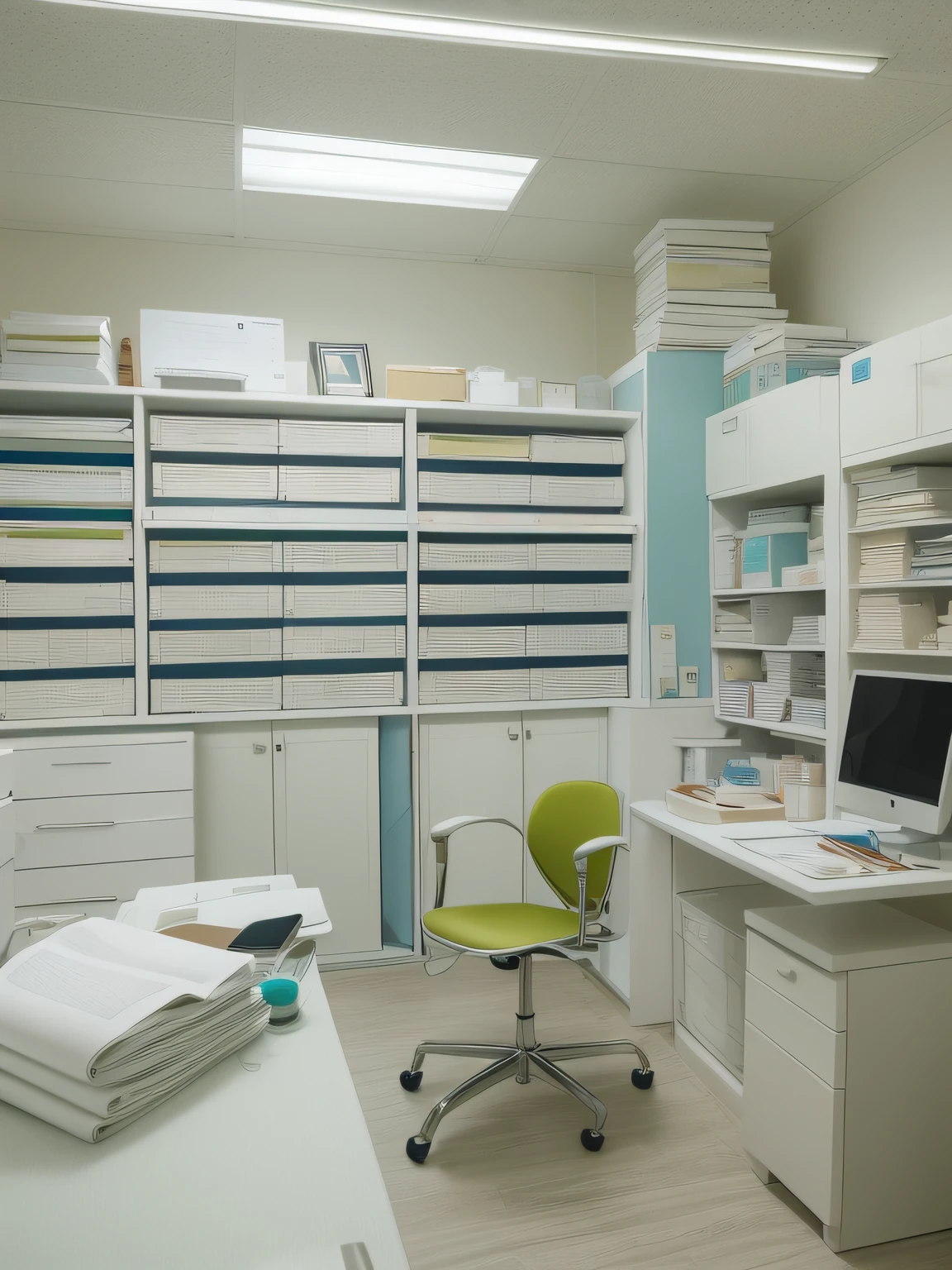 Intricate interior Hospital's Doctor's consulting room, doctor's white table, detail of pens file, stationery items and computer on the table large closed window at the left, Full room view,