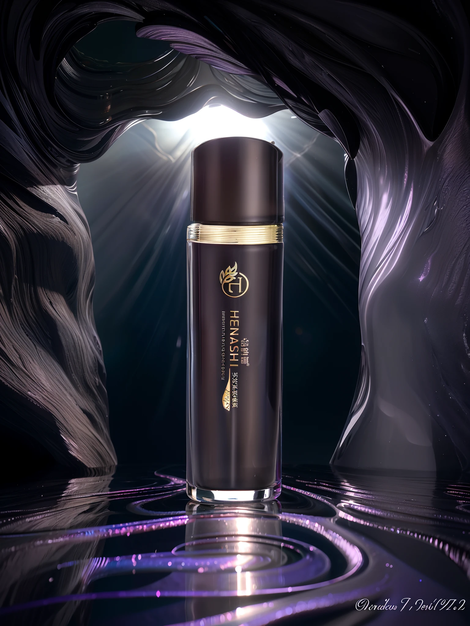 In a cave,Gray dark sky,Focus on the product,fotografia do produto,HD 4K,Purple ripples on the surface of the water,Reflect the perfume bottle,Fantastic natural light,Realphotos,fotografia do produto,winning artwork