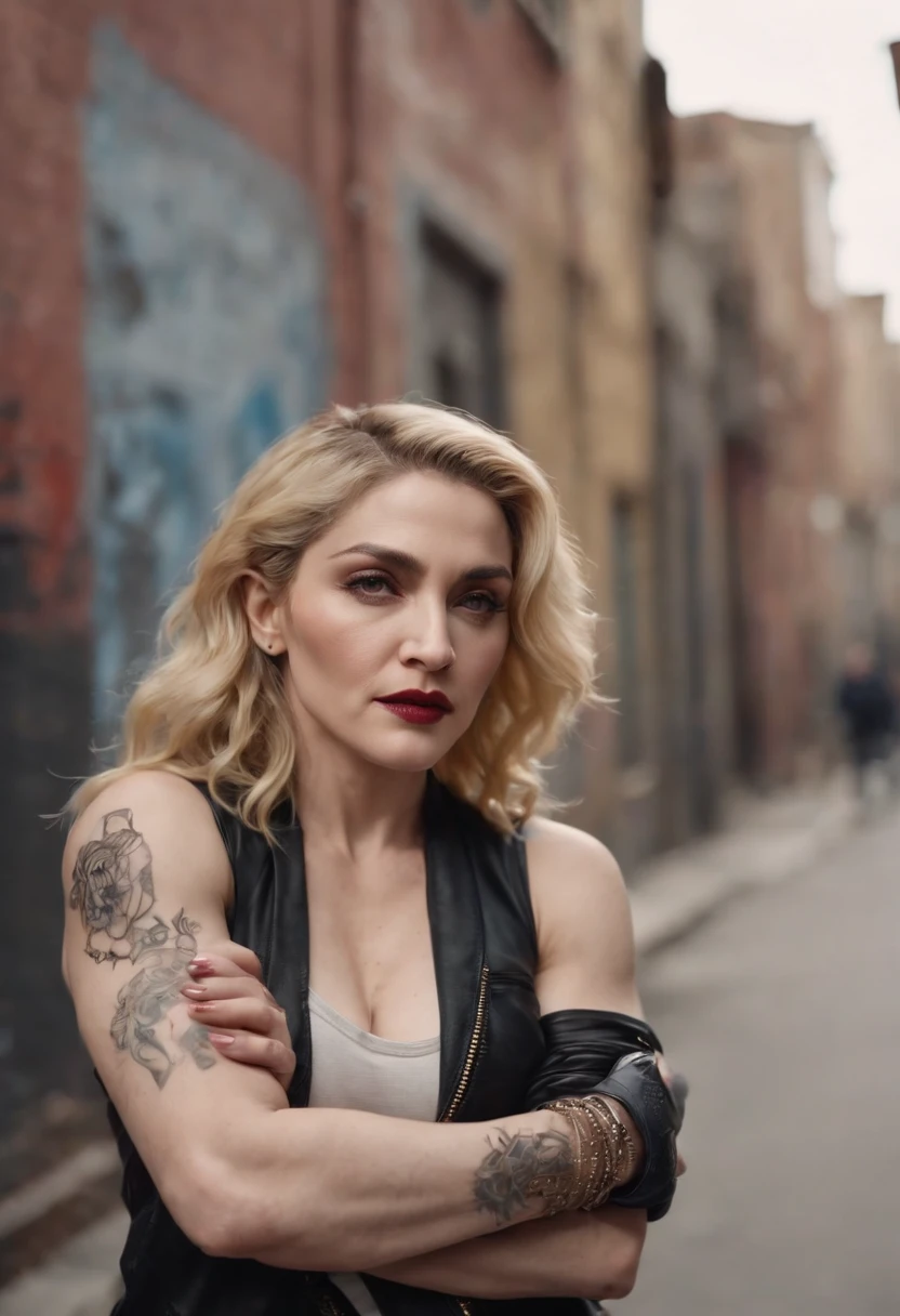 Madonna, dressed in street wear, arm tattoos, in graffitied streets, staring