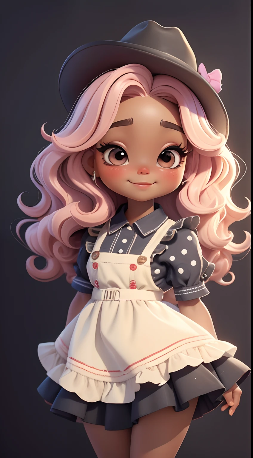 Create a series of cute baby afro black skin chibi style cute baby dolls with a cute cowgirl theme, each with lots of detail and in an 8K resolution. All dolls should follow the same solid background pattern and be complete in the image, mostrando o (corpo inteiro, incluindo as pernas: 1.5)
Boneca cowgirl: Chame-a de Mia. She should have medium wavy mixed hair. Seus olhos devem ser grandes e curiosos, with long eyelashes and slightly pinkish cheeks. Mia should be dressed in a delicate jumpsuit, cowboy boot and a polka dot blouse and a cowboy hat is cute. She must hold farm accessories. Add details like pockets and ruffles to the apron to make it even more charming, sapato bonito
Certifique-se de adicionar sombras, texturas e detalhes nos cabelos, roupas, Cute cowboy utensils, to make them even more adorable and charming.
