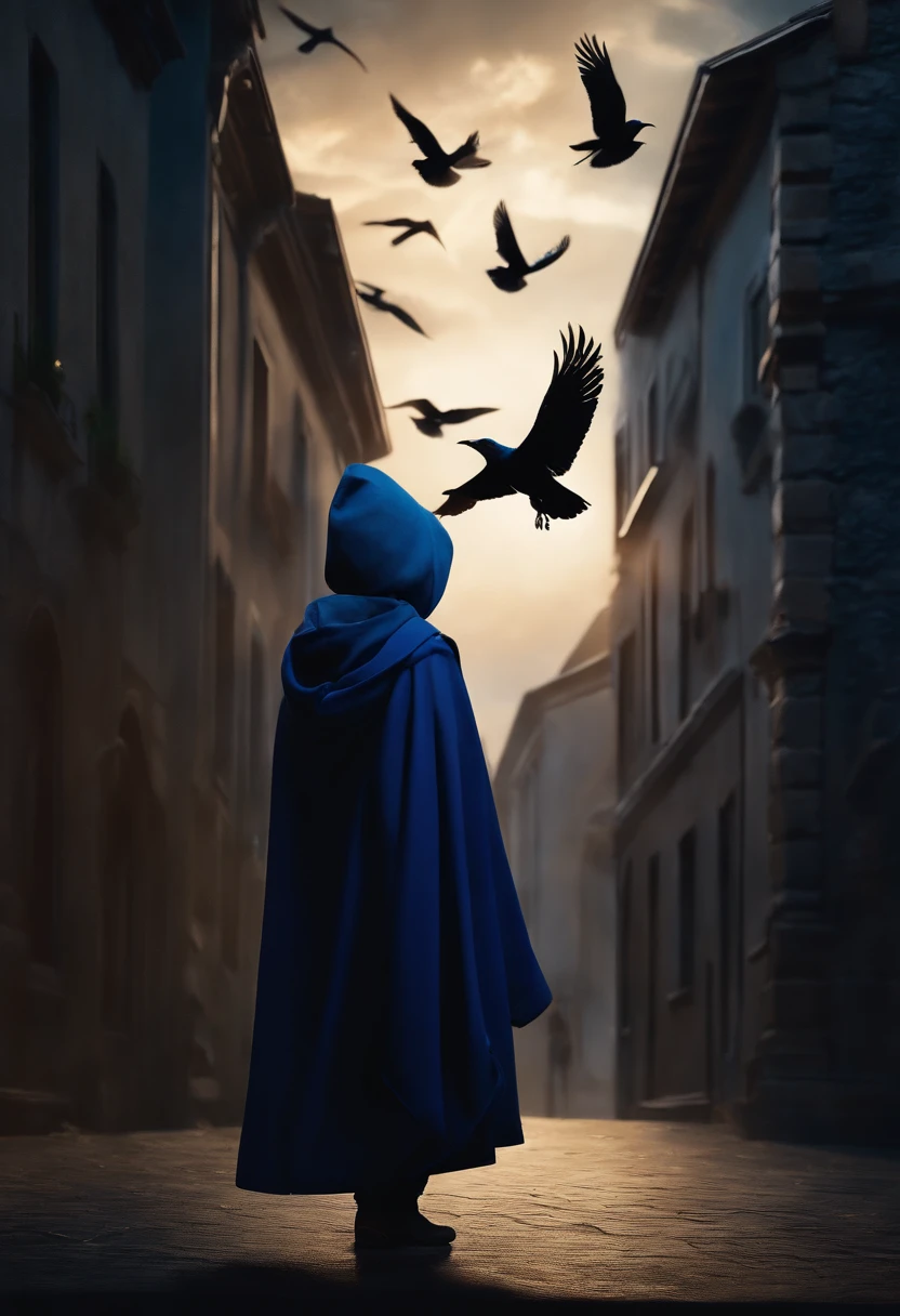 ((Best quality, 8K, Masterpiece: 1.3)), Best quality, younge boy, Dressed in blue, cloaks,starrysky,flying birds,Sparse light,Night, Looking up, Back Shadow,full bodyesbian