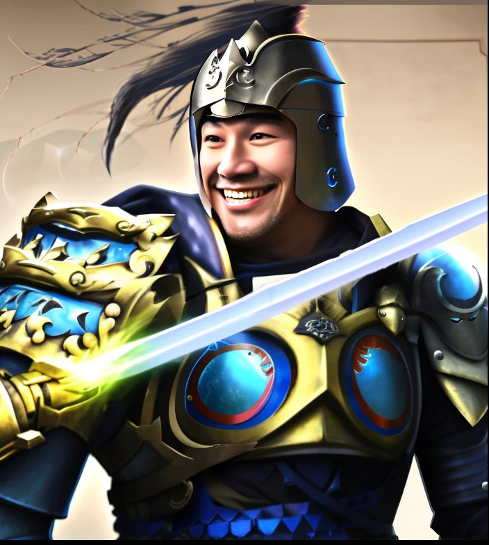 Smiling man in armor holding sword