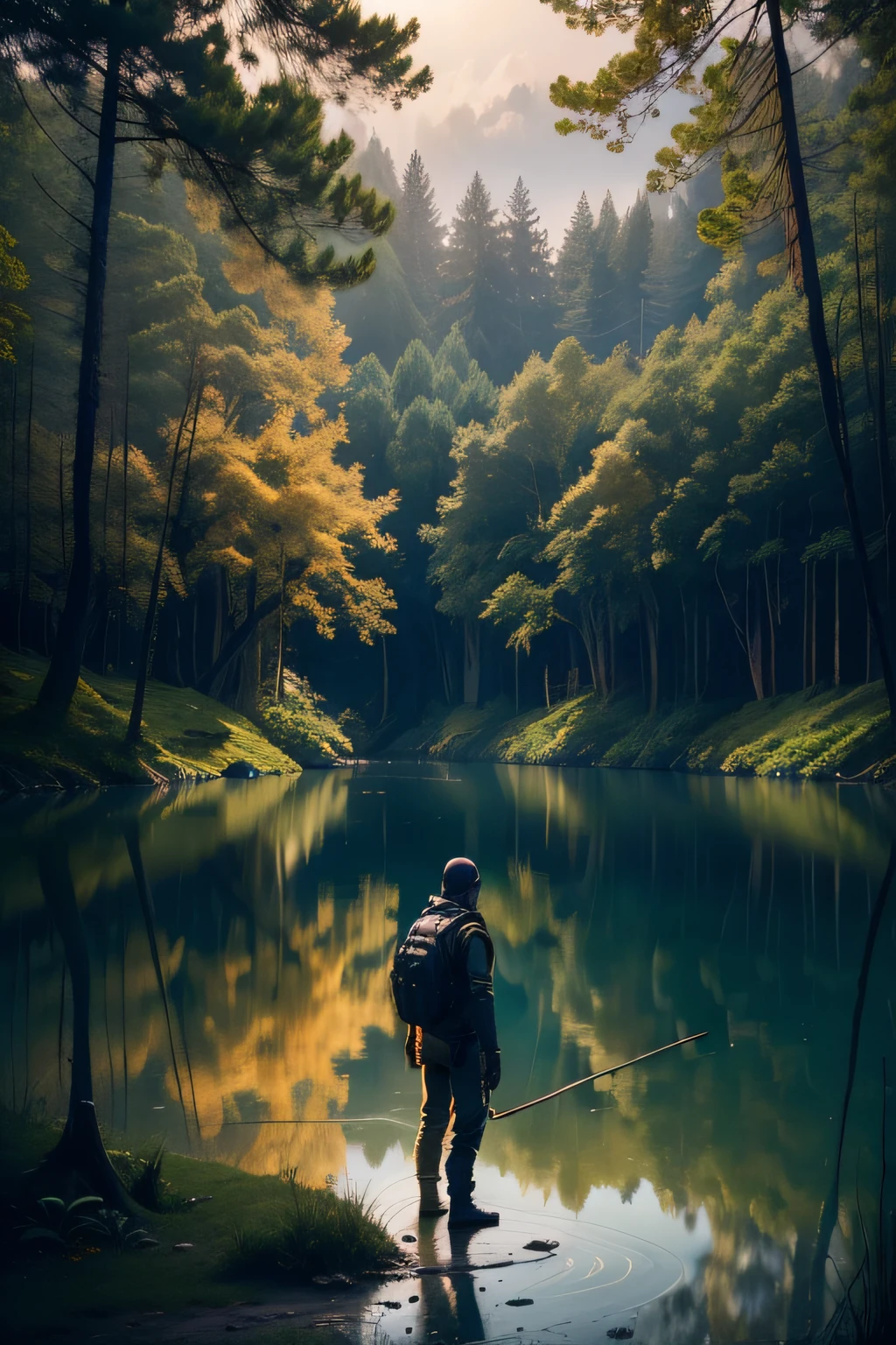(Imagem detalhada) (4k), Um homem, com aproximadamente 20 anos, em uma floresta, sentado na beira de um lago, pescando em um lago, noite, Create a scenario, Remember this man is in a post-apocalyptic zombie scenario;