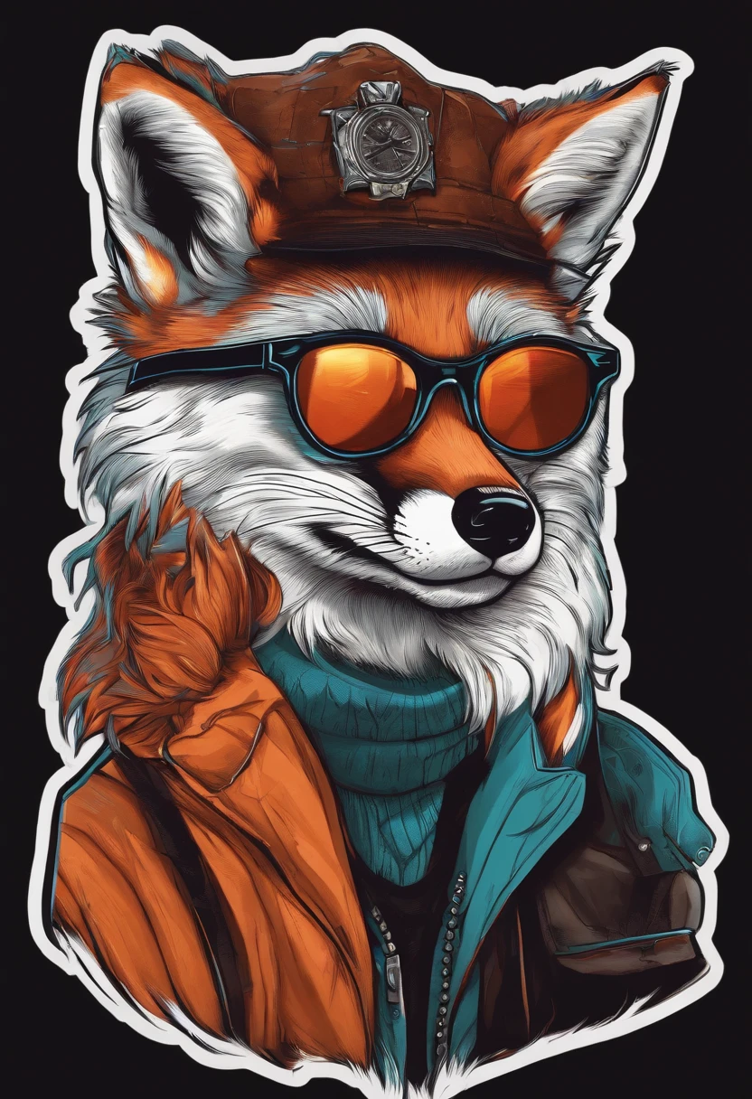 /imagine prompt: cool fox wearing glasses illustration for a sticker with a black background, in bold outline style, jagged edges, trashcore, light shading --v 5.2