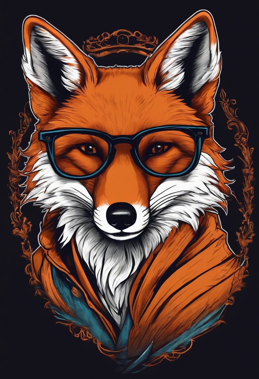 /imagine prompt: cool fox wearing glasses illustration for a sticker with a black background, in bold outline style, jagged edges, trashcore, light shading --v 5.2