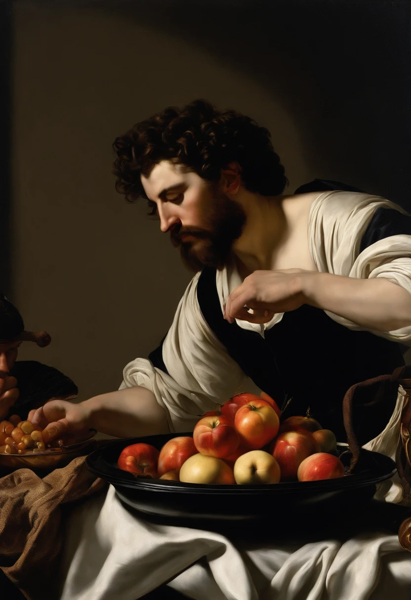 Pintura ultrarealista em 8 k de um homem com barba e uma mulher com um prato, this man is decapitated and on the tray is his head by Michelangelo Merisi of Caravaggio, Estilo de Caravaggio, Feito no estilo de Caravaggio, em estilo de caravaggio, por caravaggio, Michelangelo da Caravaggio, estilo caravaggesco, estilo caravaggio, Carvaggio, inspirado em Caravaggio