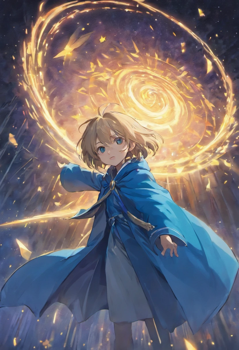 Masterpiece,Best quality, younge boy, Dressed in blue, cloaks,starrysky,flying birds,Sparse light,Night, Looking up, Back Shadow,full bodyesbian