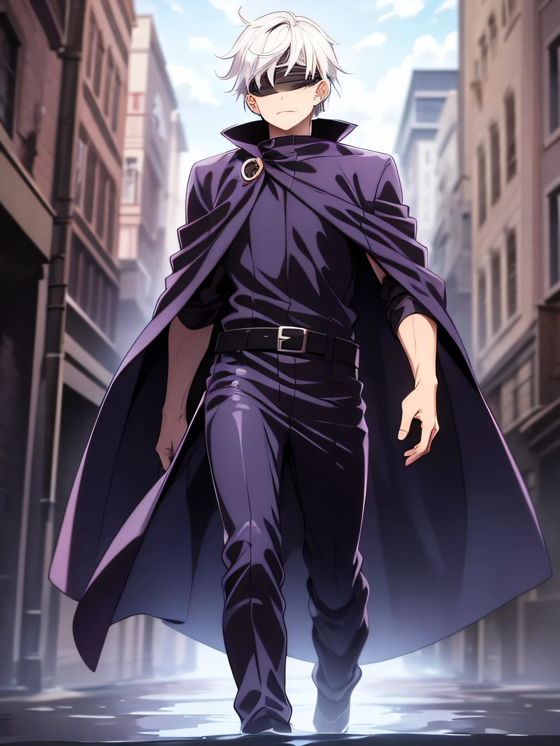 1boy, Saturated Gojo walking, white hair goosebumps, blue eyes, wearing a black blindfold, fantasy, black robe, red and blue magic, 8k, hd