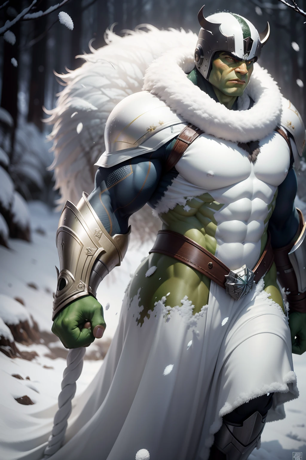 Hulk de corpo inteiro em um branco, terno de armadura dourado e verde, em uma floresta de neve branca, neve caindo sobre a armadura, O pecado brilha sobre o traje de armadura, hyper realistic, fotorrealista, 8k, uma foto premiada