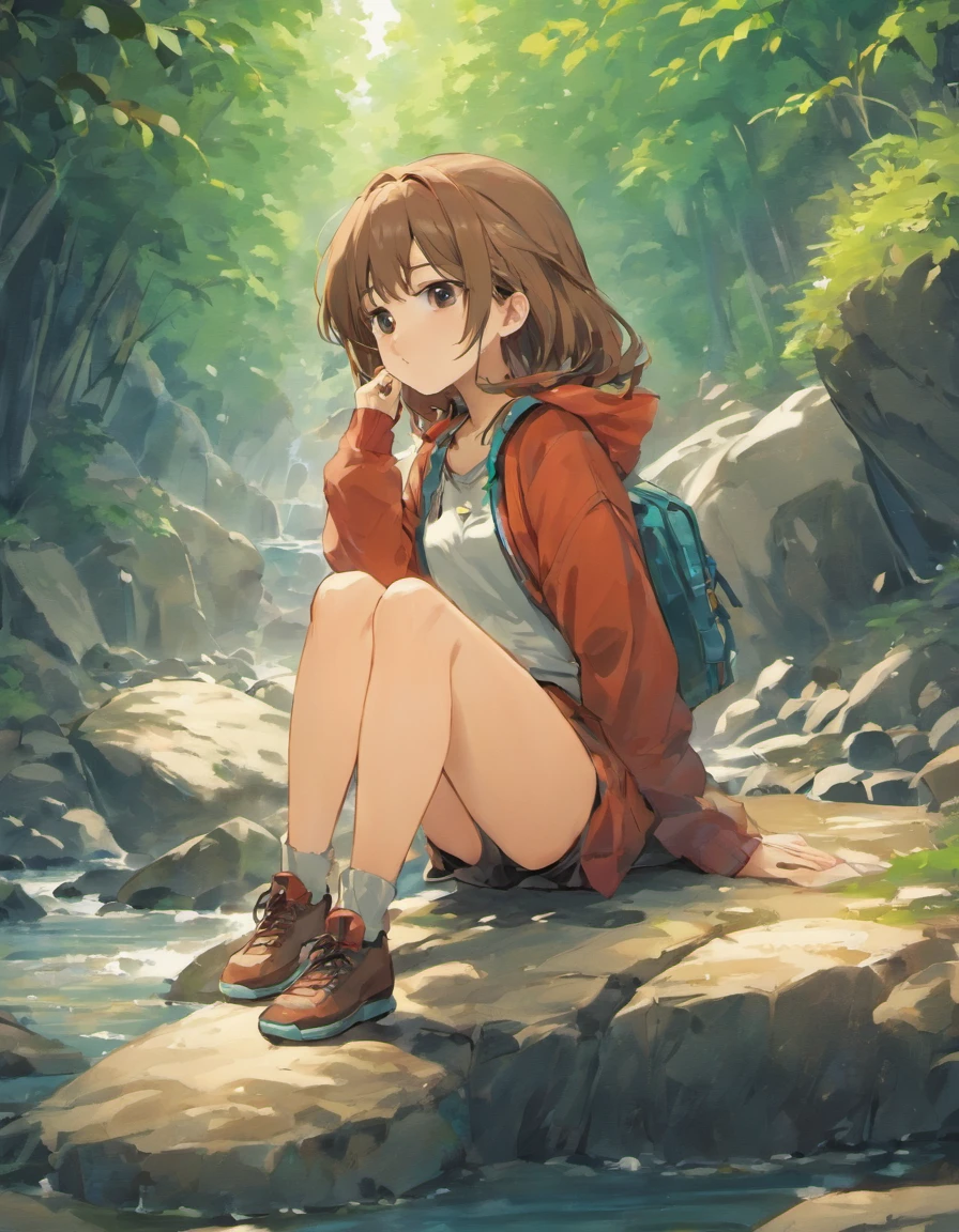 detailed background of a river, person sitting on a rock, brown hair and casual clothes