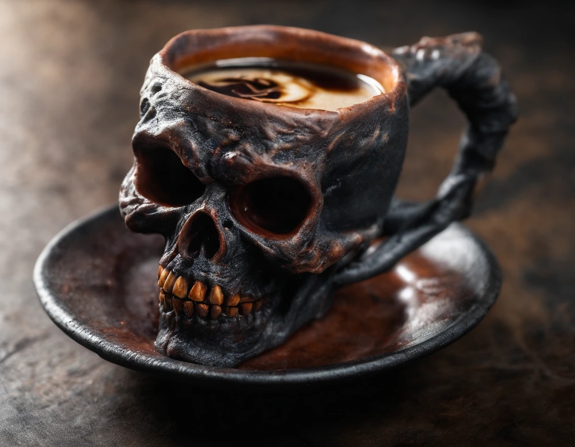 a skull mug, latte art, gremlin, sinister smile, (vivid colors: 1.5)