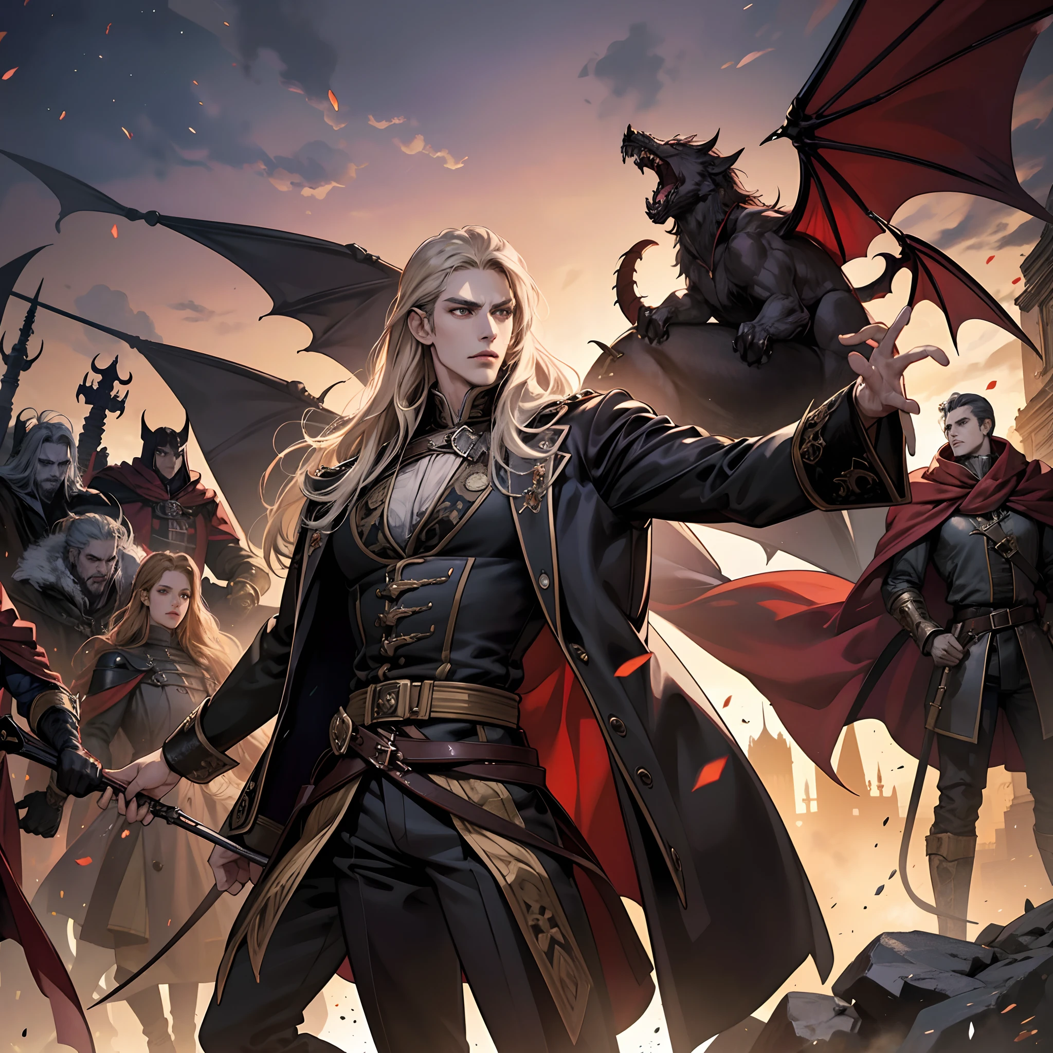 Castlevania Lord of the shadows handsome muscular lord Dracula leading troops army of demons to battle war hyper realistic super detailed Dynamic pose super detailed faces hyper realistic super detailed
