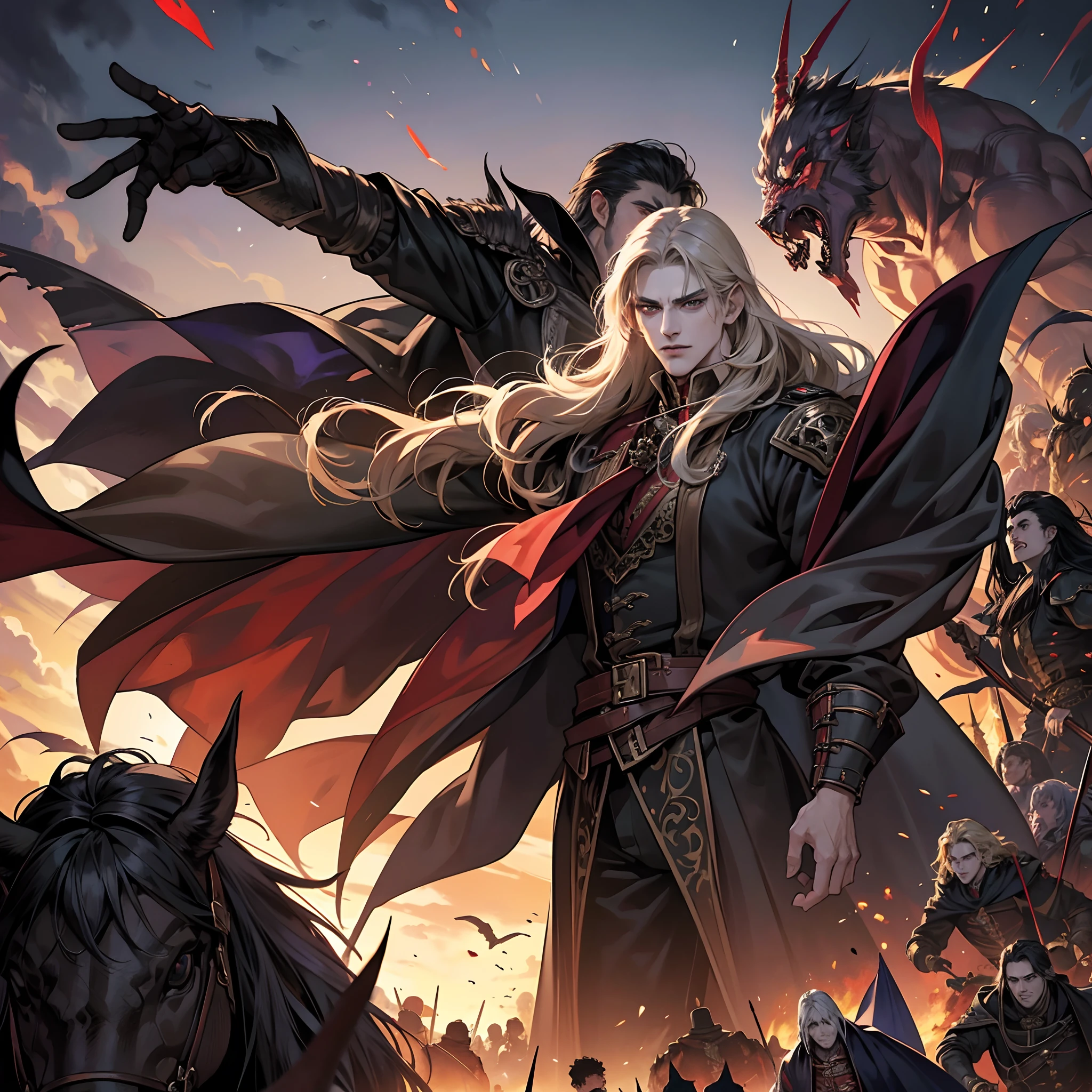 Castlevania Lord of the shadows handsome muscular lord Dracula leading troops army of demons to battle war hyper realistic super detailed Dynamic pose super detailed faces hyper realistic super detailed