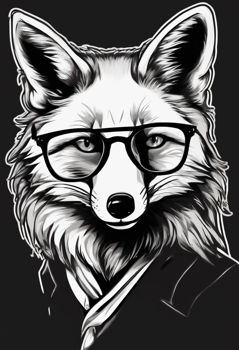 /imagine prompt: cool cartoon fox wearing glasses illustration for a sticker with a black background, in bold outline style, jagged edges, trashcore, light shading --v 5.2