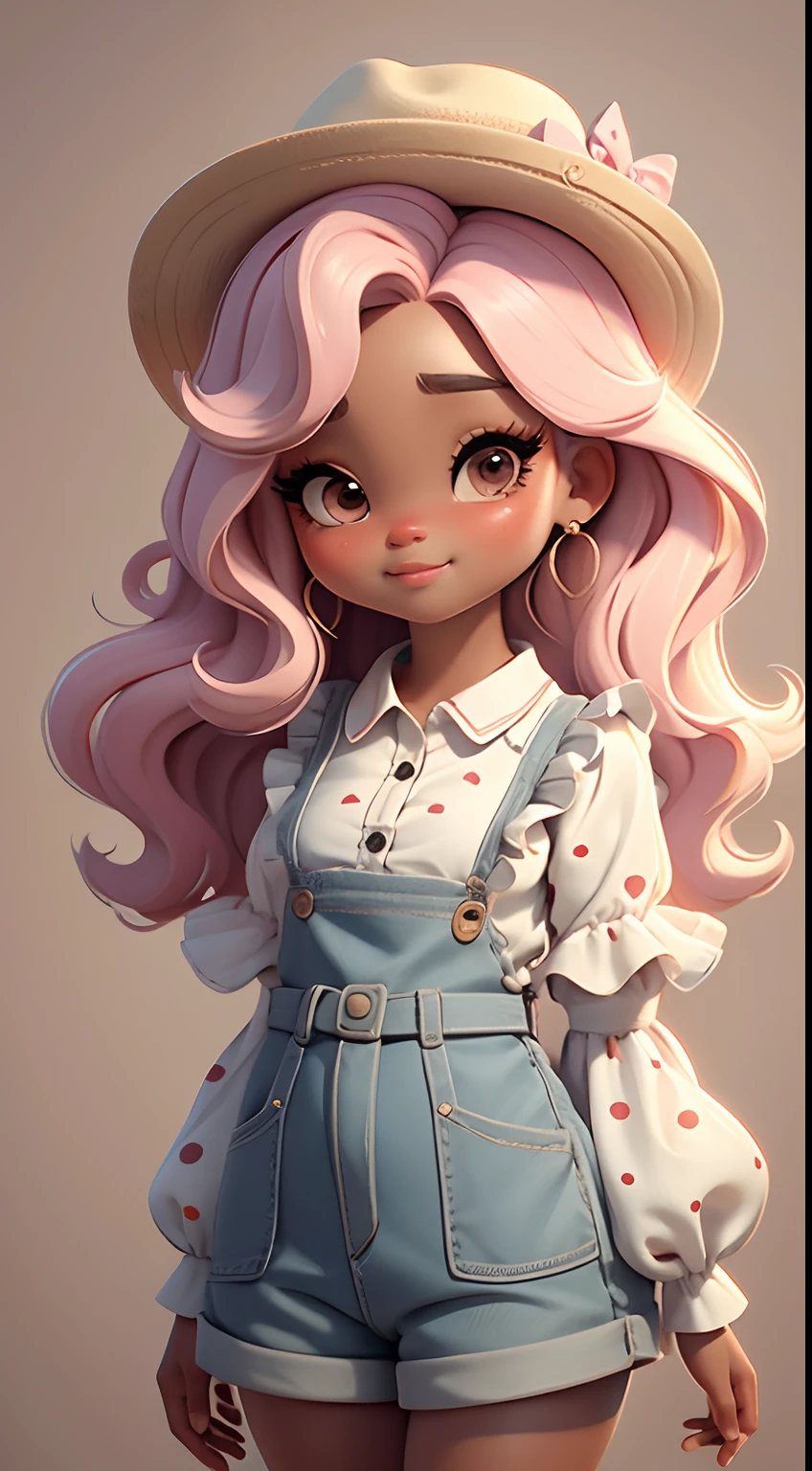 Create a series of cute baby afro black skin chibi style cute baby dolls with a cute cowgirl theme, each with lots of detail and in an 8K resolution. All dolls should follow the same solid background pattern and be complete in the image, mostrando o (corpo inteiro, incluindo as pernas: 1.5)
Boneca cowgirl: Chame-a de Mia. She should have medium wavy mixed hair. Seus olhos devem ser grandes e curiosos, with long eyelashes and slightly pinkish cheeks. Mia should be dressed in a delicate jumpsuit, cowboy boot and a polka dot blouse and a cowboy hat is cute. She must hold farm accessories. Add details like pockets and ruffles to the apron to make it even more charming, sapato bonito
Certifique-se de adicionar sombras, texturas e detalhes nos cabelos, roupas, Cute cowboy utensils, to make them even more adorable and charming.